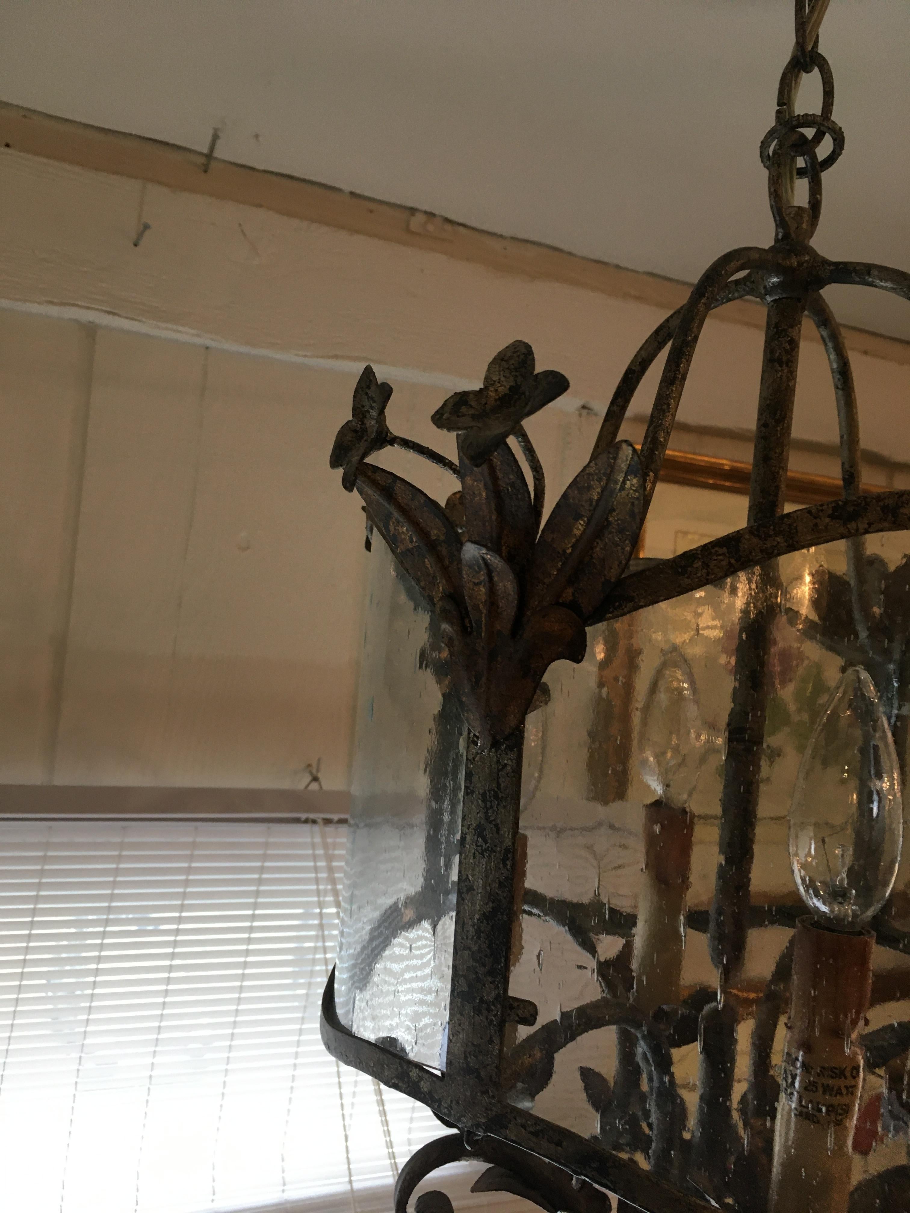 Vintage Brass and Aged Glass Chandelier Lantern In Excellent Condition In Hopewell, NJ