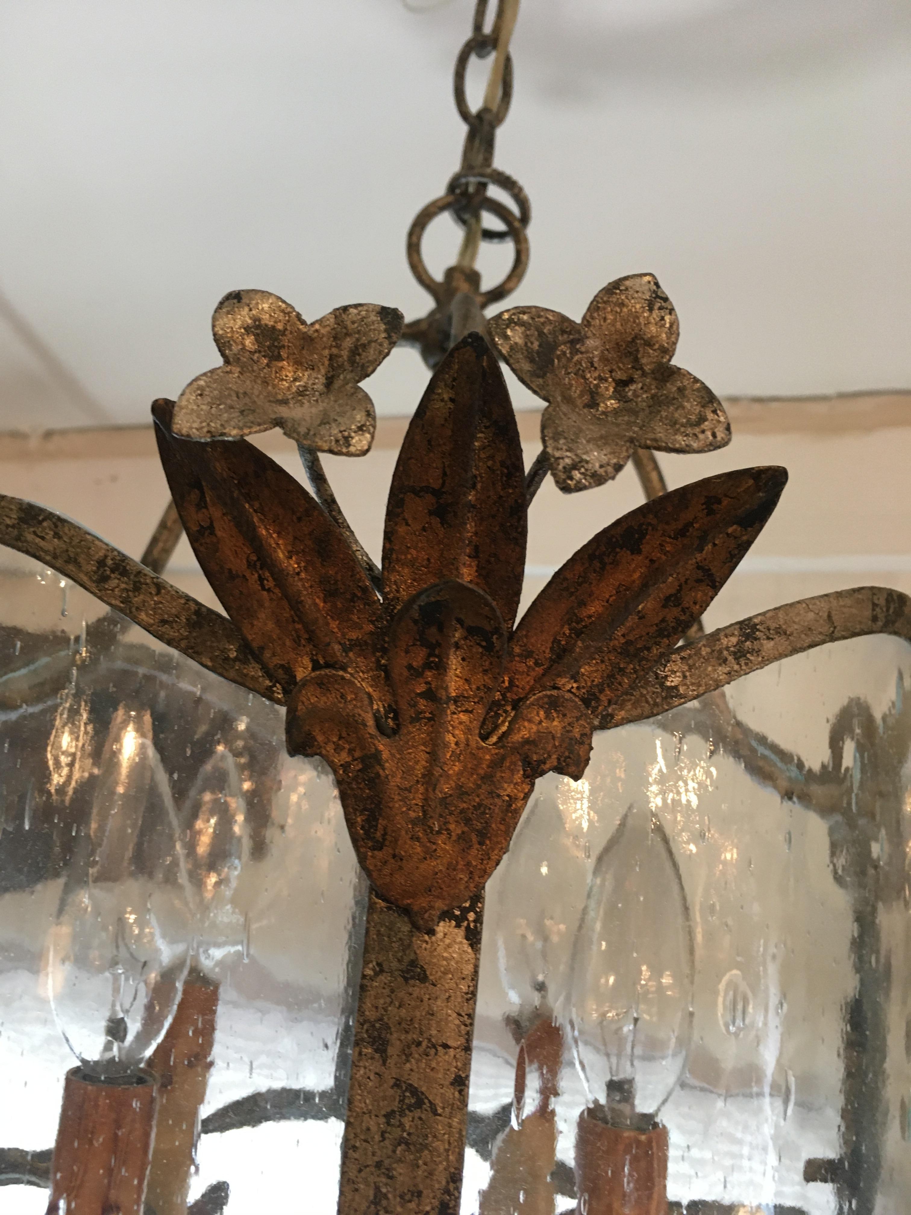 Mid-20th Century Vintage Brass and Aged Glass Chandelier Lantern