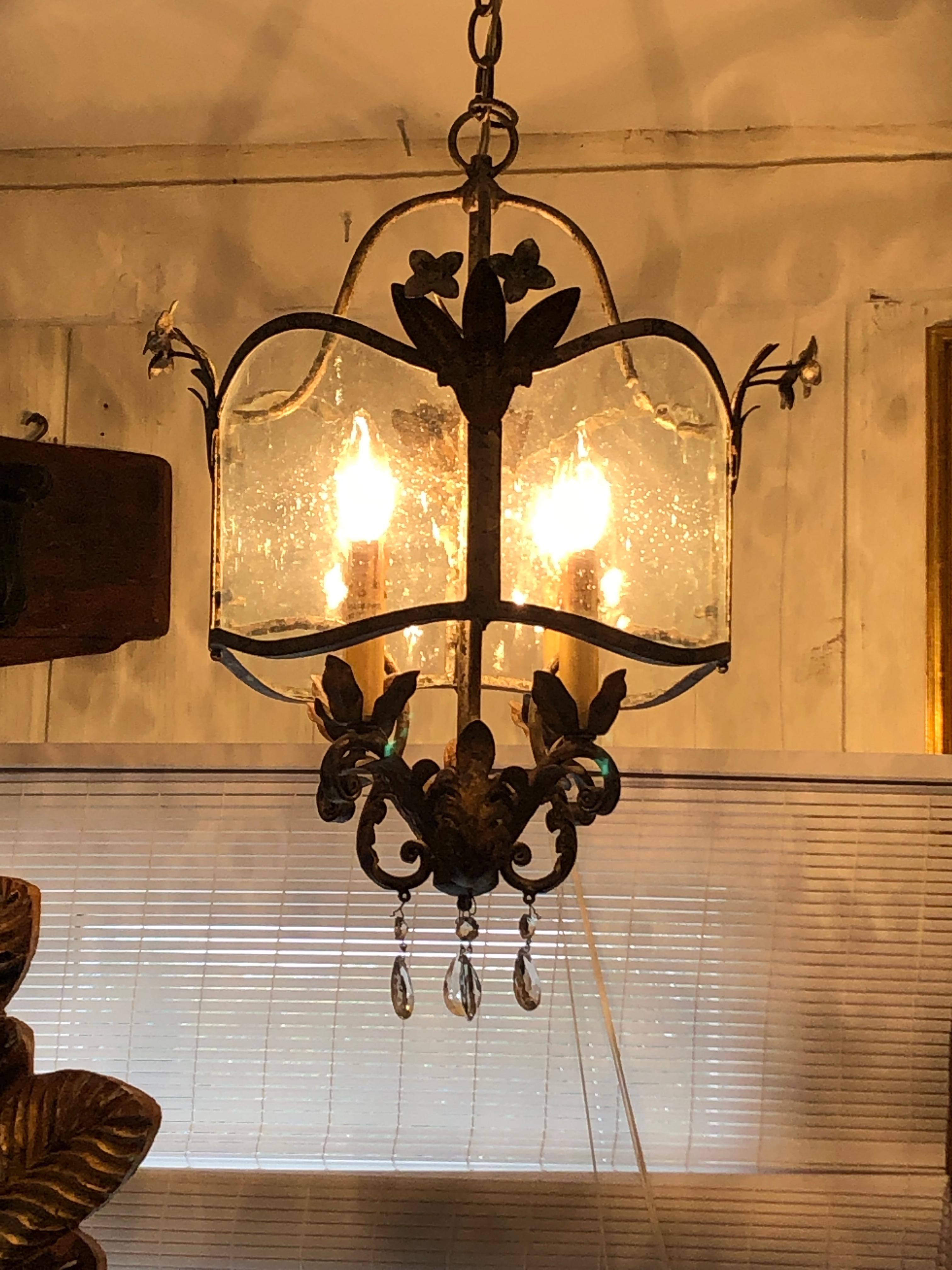 Vintage Brass and Aged Glass Chandelier Lantern 1