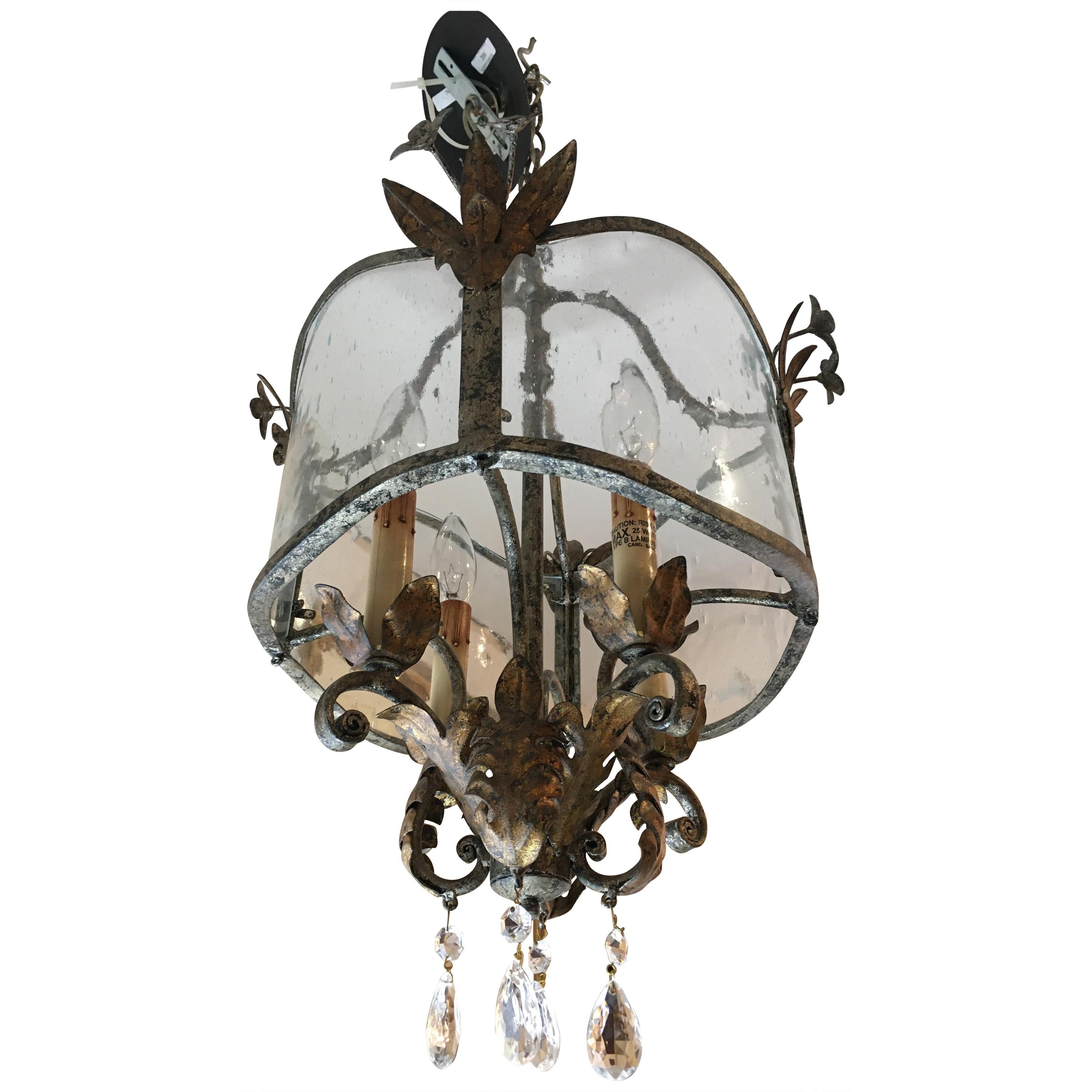 Vintage Brass and Aged Glass Chandelier Lantern