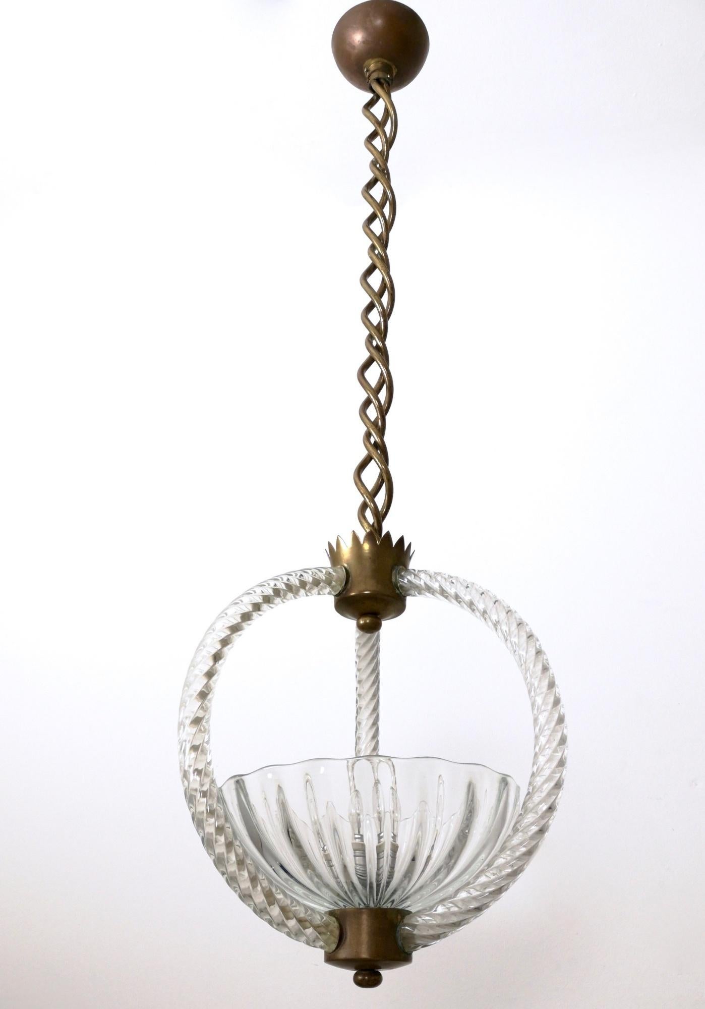 Italian Vintage Brass and Blown Glass Pendant by Ercole Barovier, Italy, 1940s