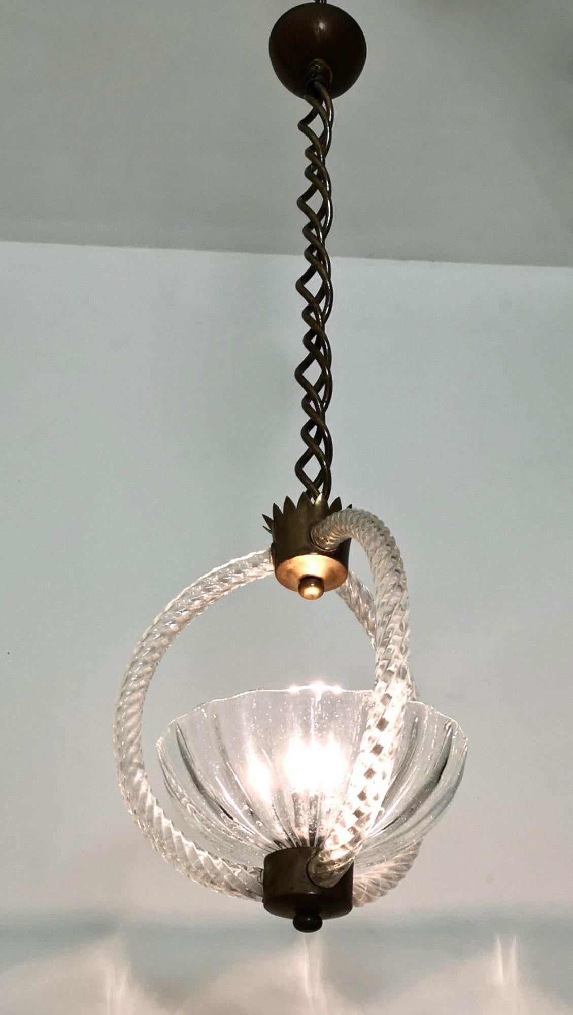 Vintage Brass and Blown Glass Pendant by Ercole Barovier, Italy, 1940s In Excellent Condition In Bresso, Lombardy