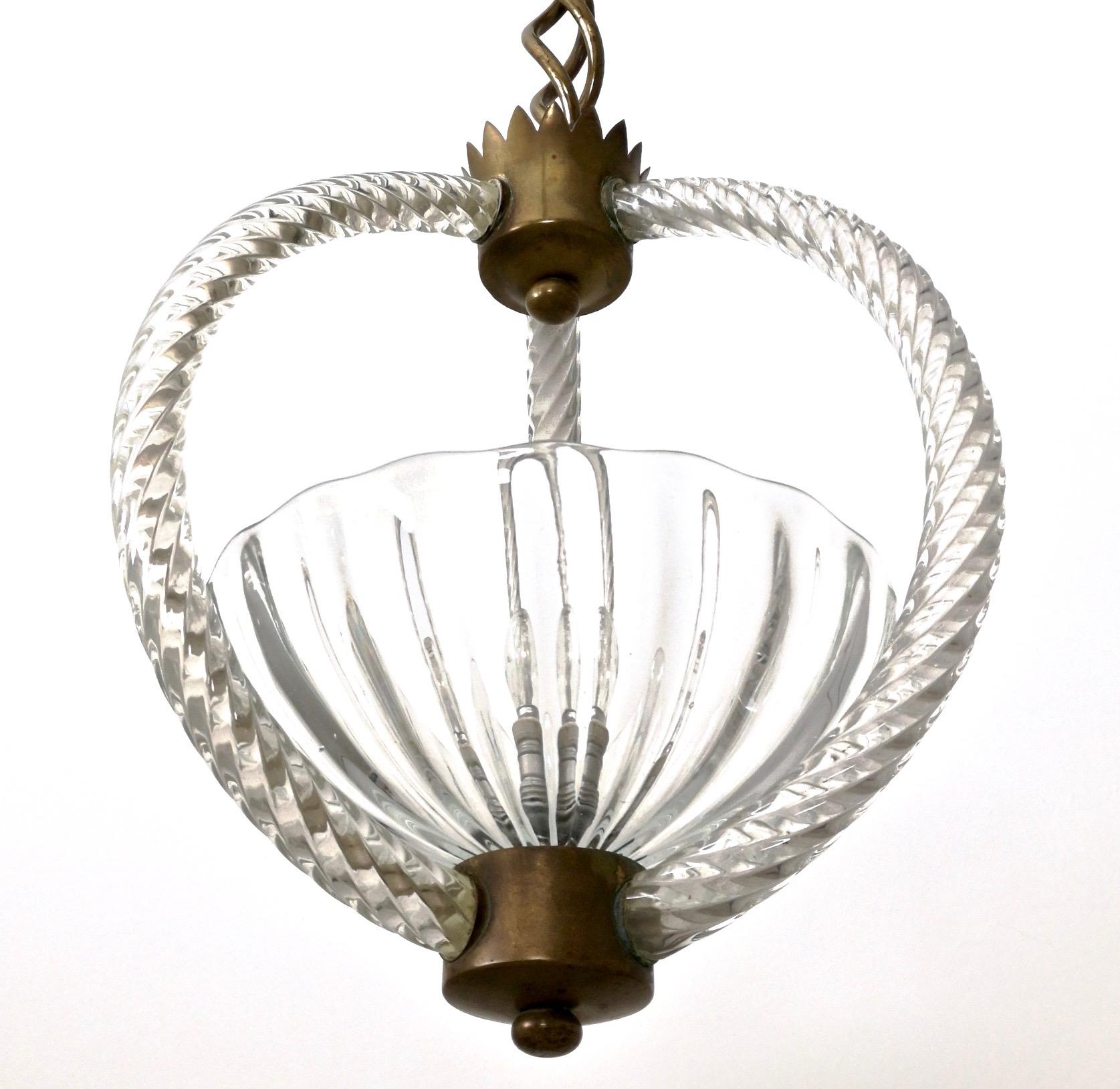 Mid-20th Century Vintage Brass and Blown Glass Pendant by Ercole Barovier, Italy, 1940s