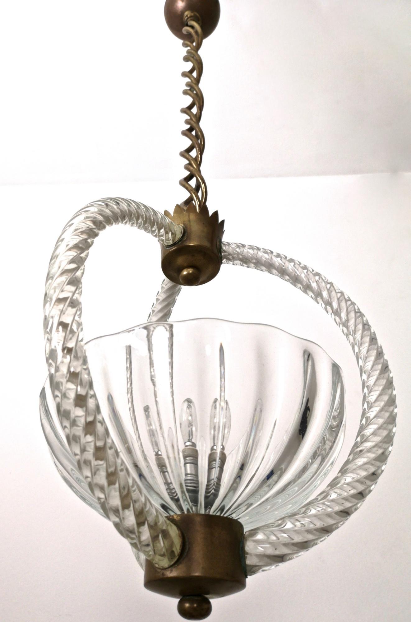 Vintage Brass and Blown Glass Pendant by Ercole Barovier, Italy, 1940s 1