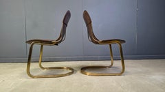 Vintage brass and brown leather dining chairs by Willy Rizzo for cidue set of 4