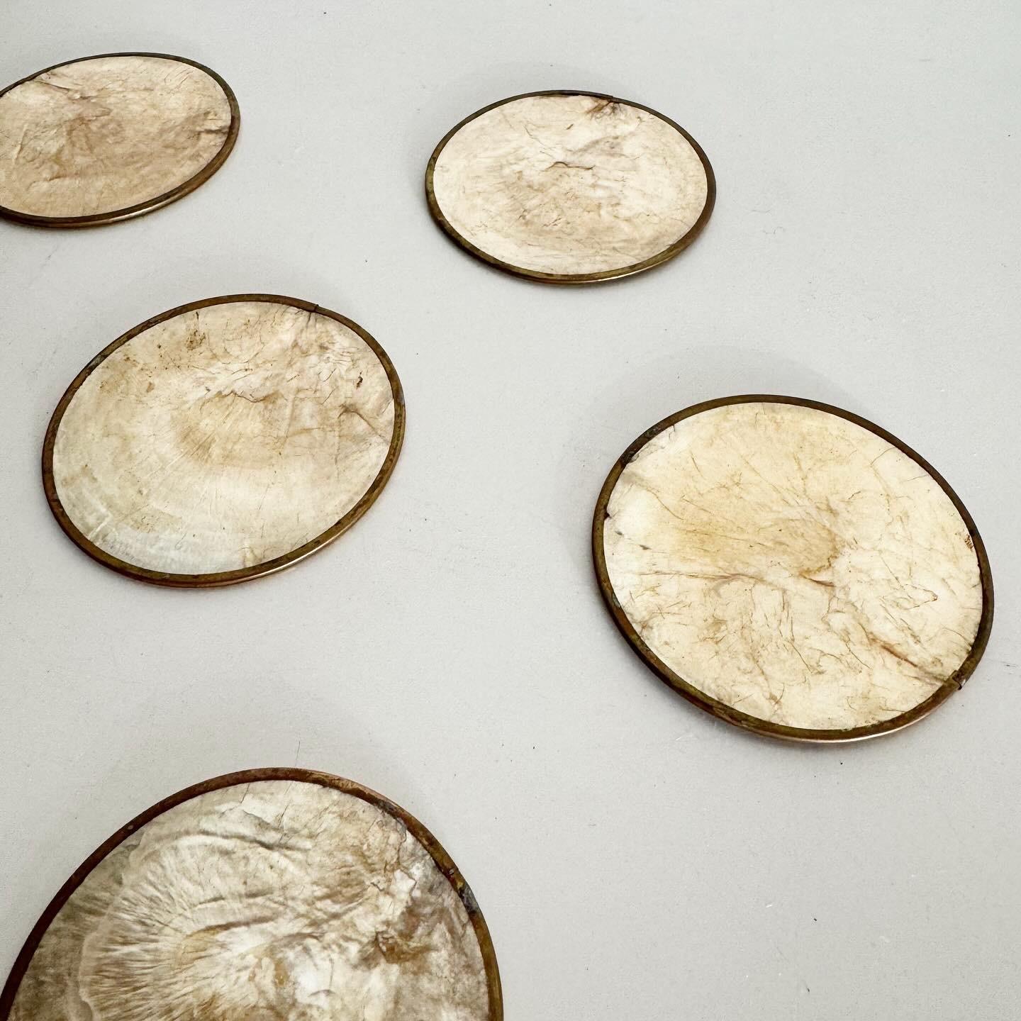 Vintage Brass and Capiz Shell Coasters on Cork - Set of 6 In Good Condition In Delray Beach, FL