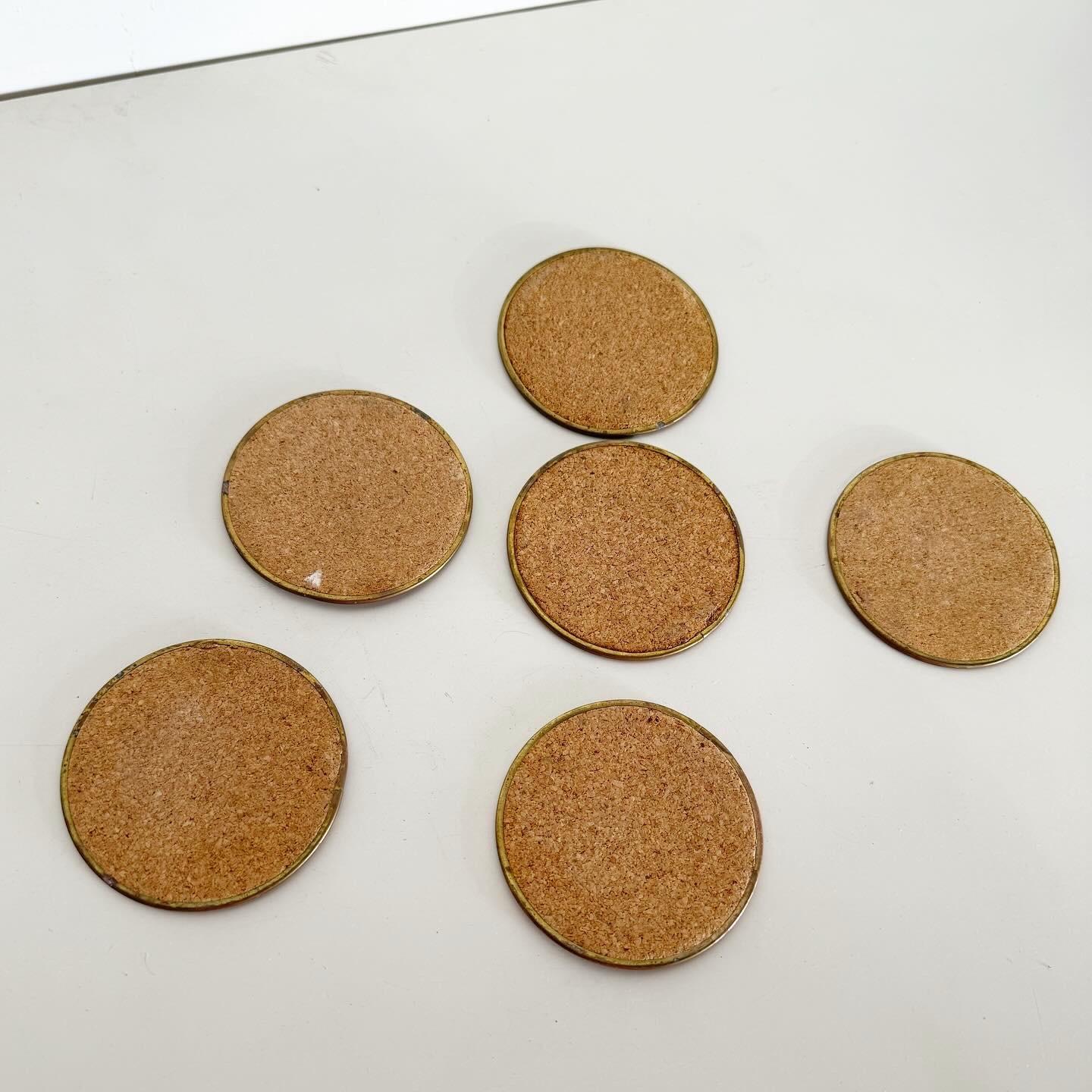 Mid-20th Century Vintage Brass and Capiz Shell Coasters on Cork - Set of 6