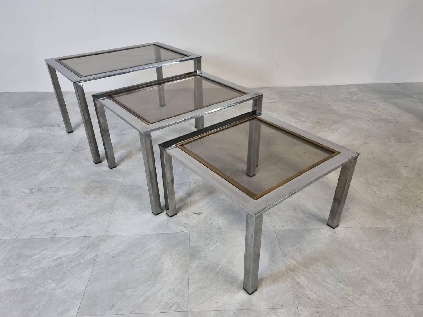 Hollywood Regency Vintage Brass and Chrome Nesting Tables, 1970s