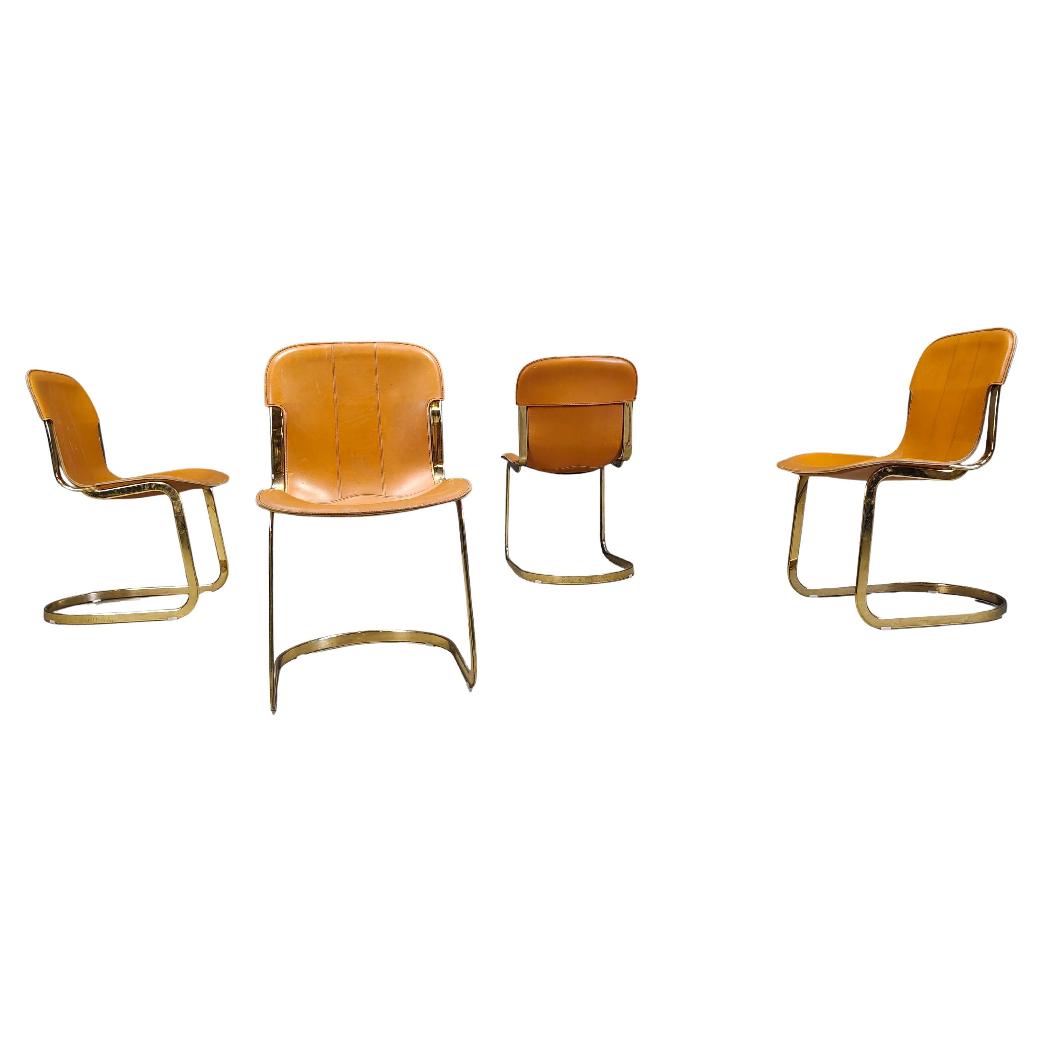 Vintage brass and cognac leather dining chairs by Willy Rizzo for cidue set of 4