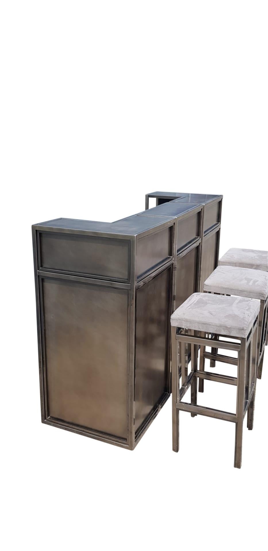 Vintage burshed steel Bar with Stools by Maison Jansen, 1970s In Good Condition In Leuven, Vlaams Gewest