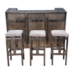 Vintage burshed steel Bar with Stools by Maison Jansen, 1970s
