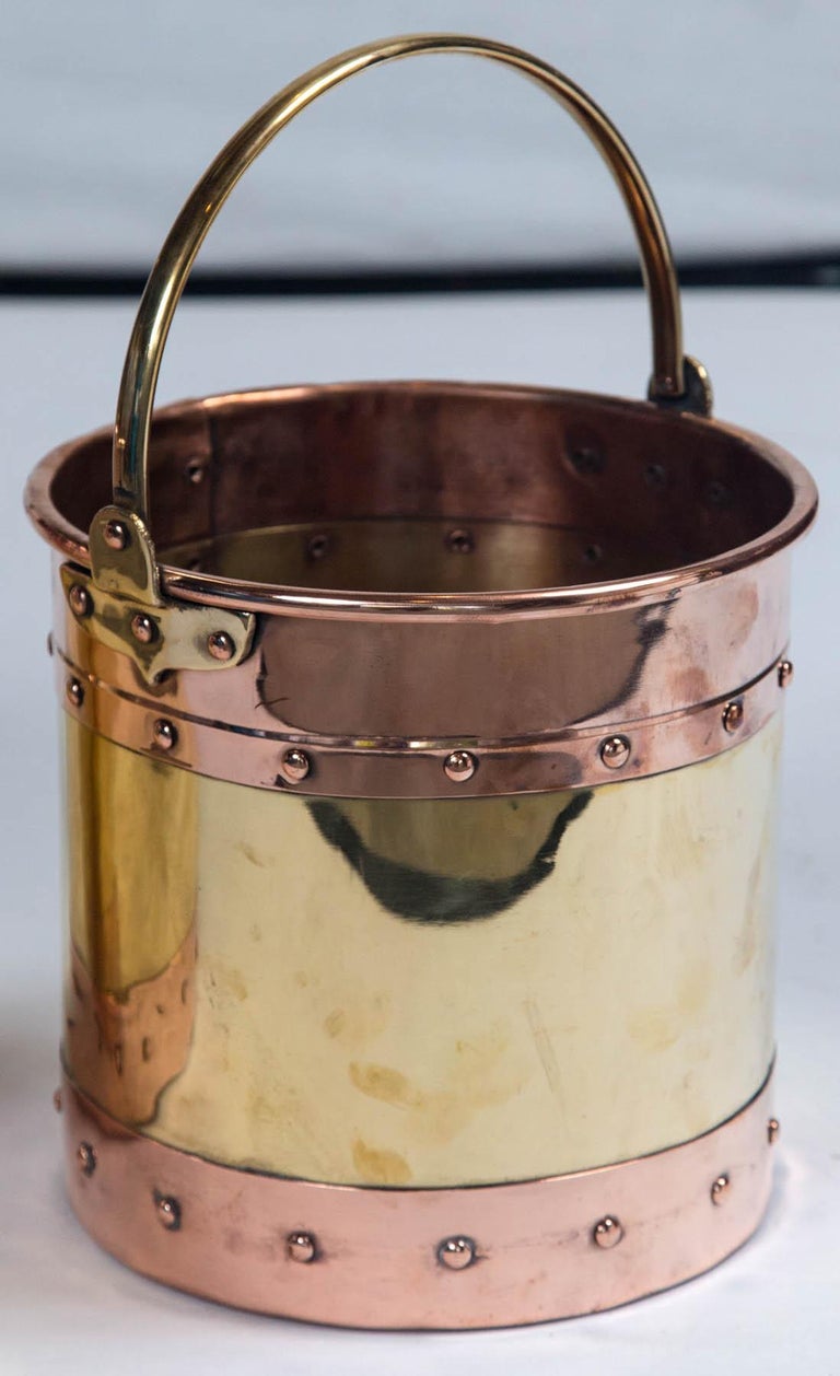 Vintage Brass and Copper Buckets, England, circa Early 20th Century at
