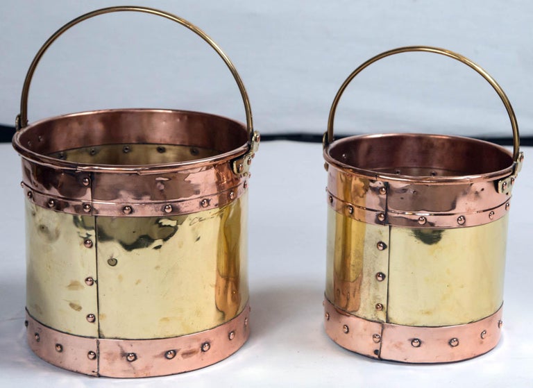 Vintage Brass and Copper Buckets, England, circa Early 20th Century at