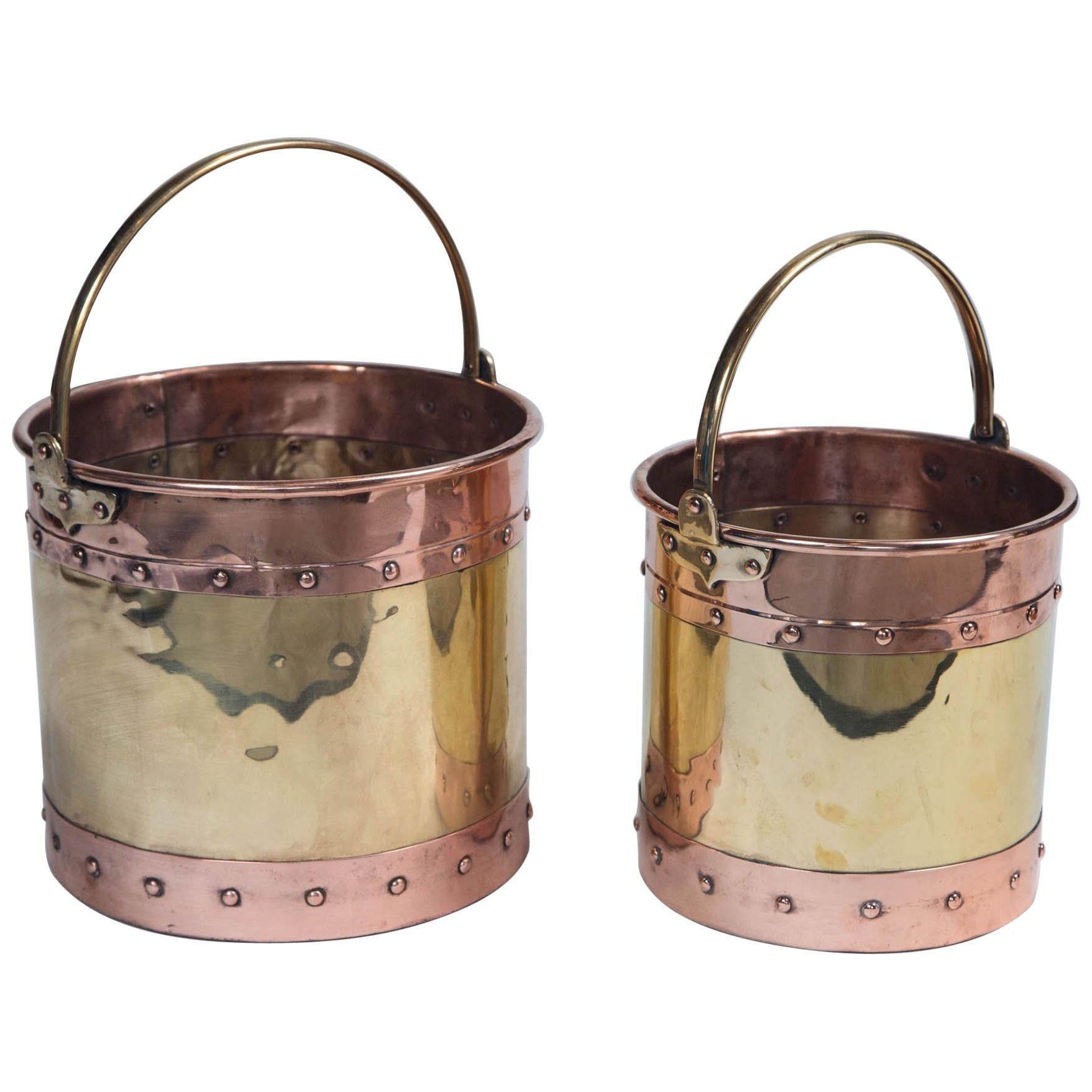 Vintage Brass and Copper Buckets, England, circa Early 20th Century