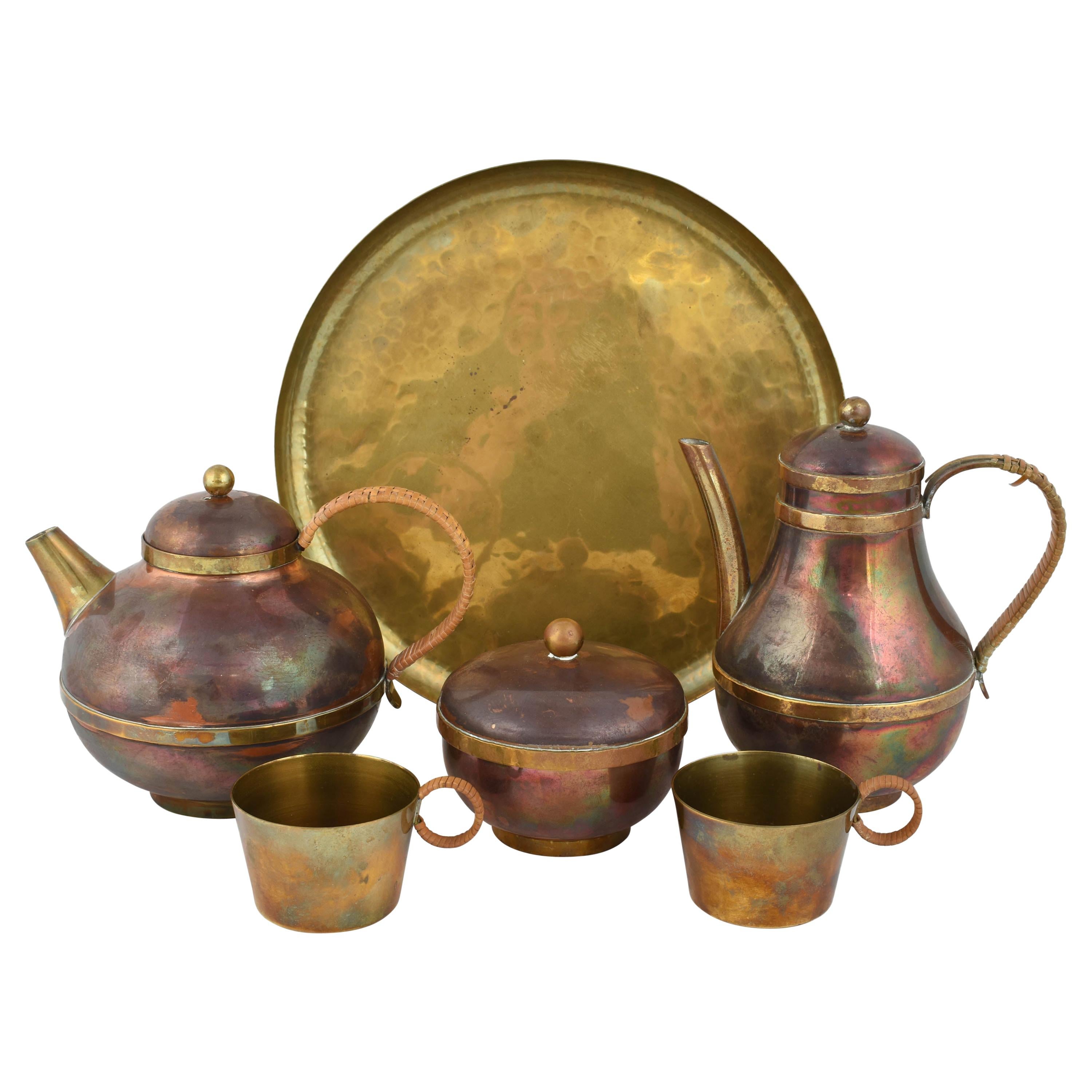 Vintage Brass and Copper Centrepiece and Tea Set by Harald Buchrucker, 1950s For Sale
