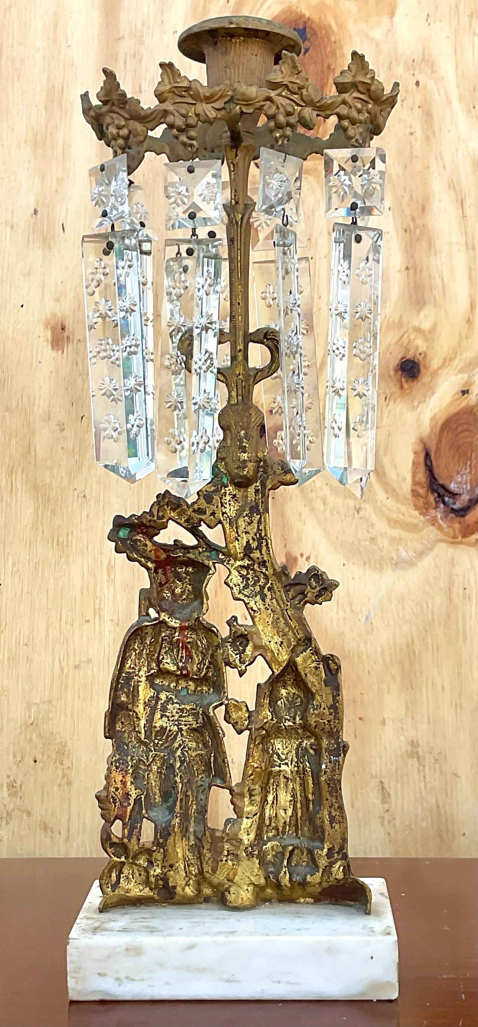 North American Vintage Brass and Crystal Candelabra - a Pair For Sale