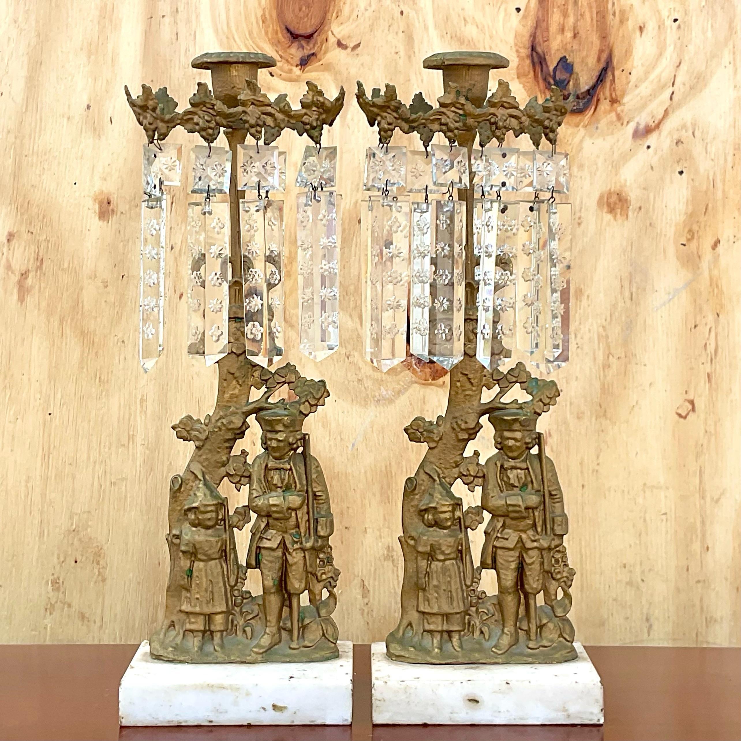 Vintage Brass and Crystal Candelabra - a Pair In Good Condition For Sale In west palm beach, FL