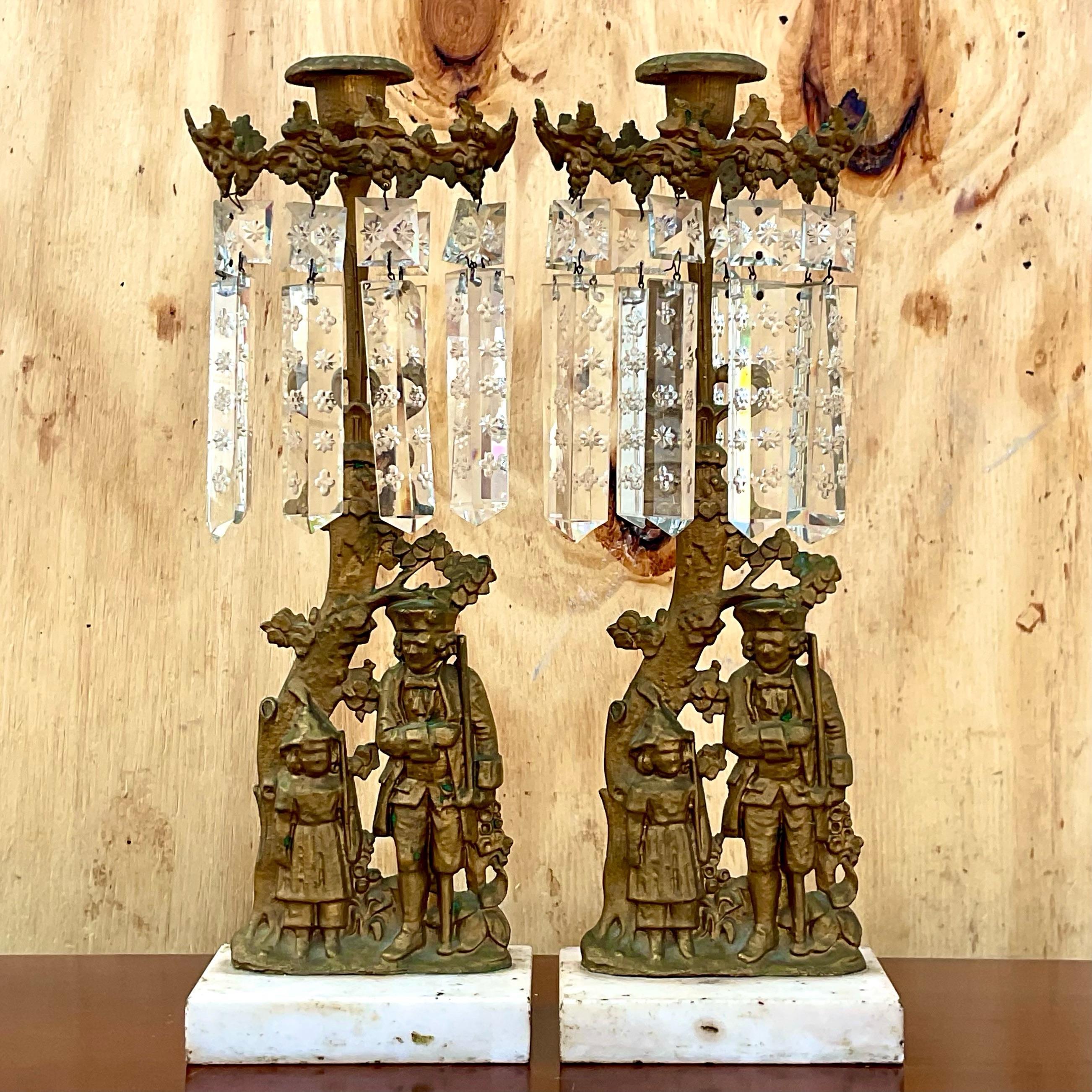 Vintage Brass and Crystal Candelabra - a Pair For Sale 1