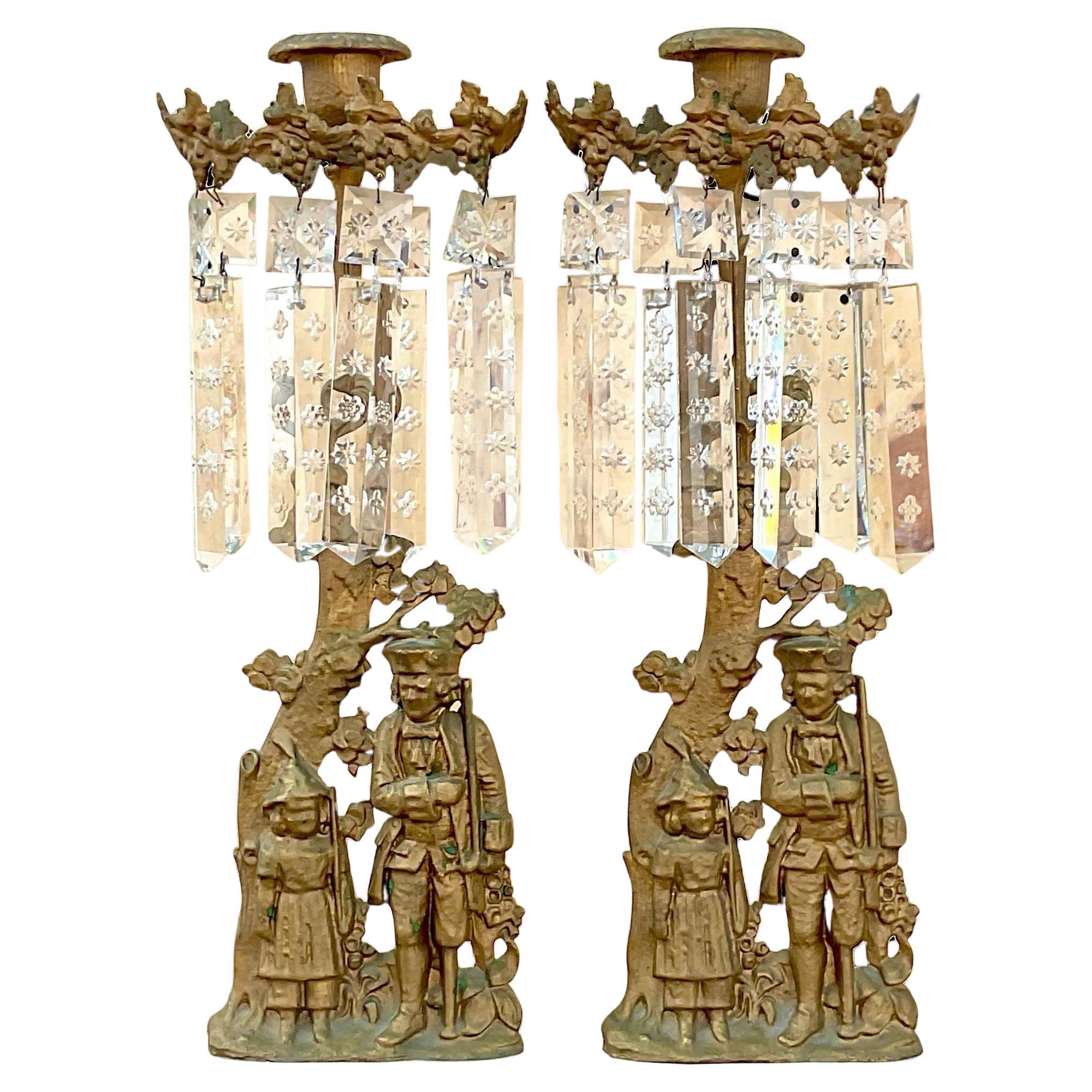 Vintage Brass and Crystal Candelabra - a Pair For Sale