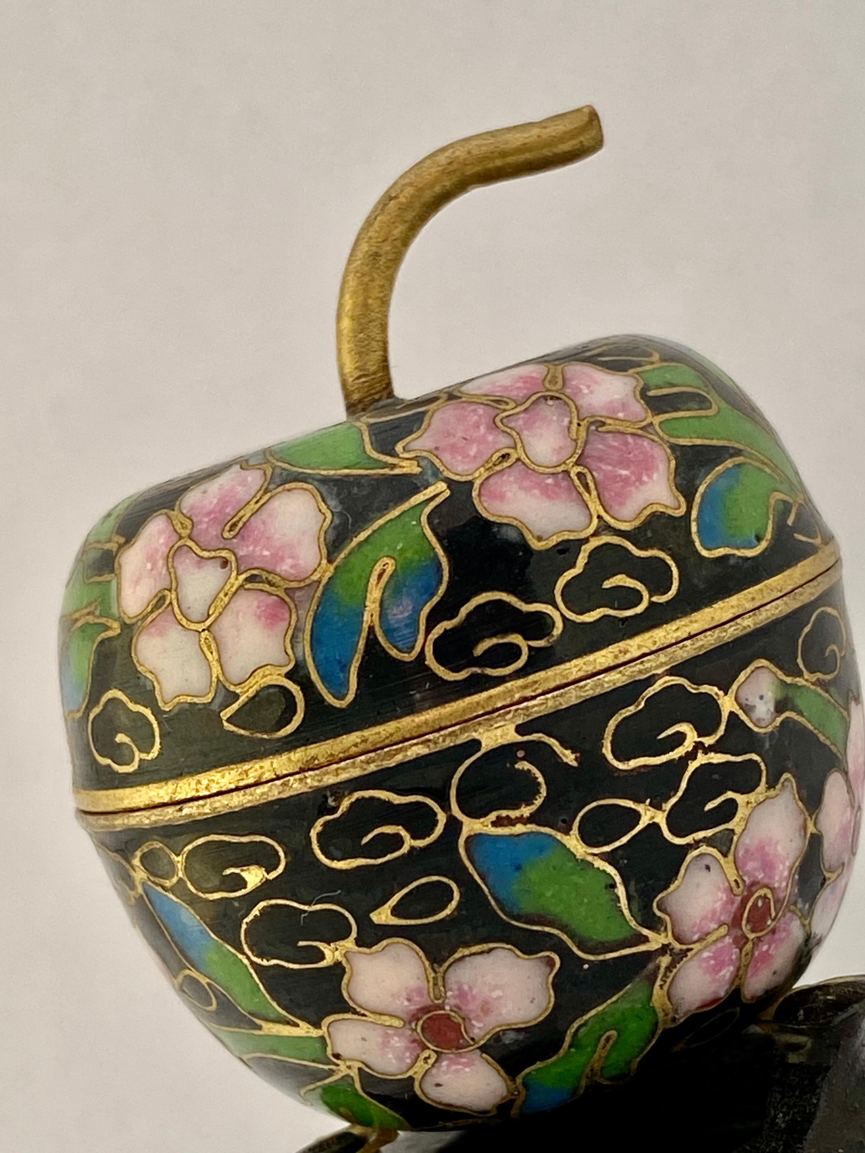 Vintage Brass and Enamel Cloisonné Apple Shape Pill Box For Sale 4