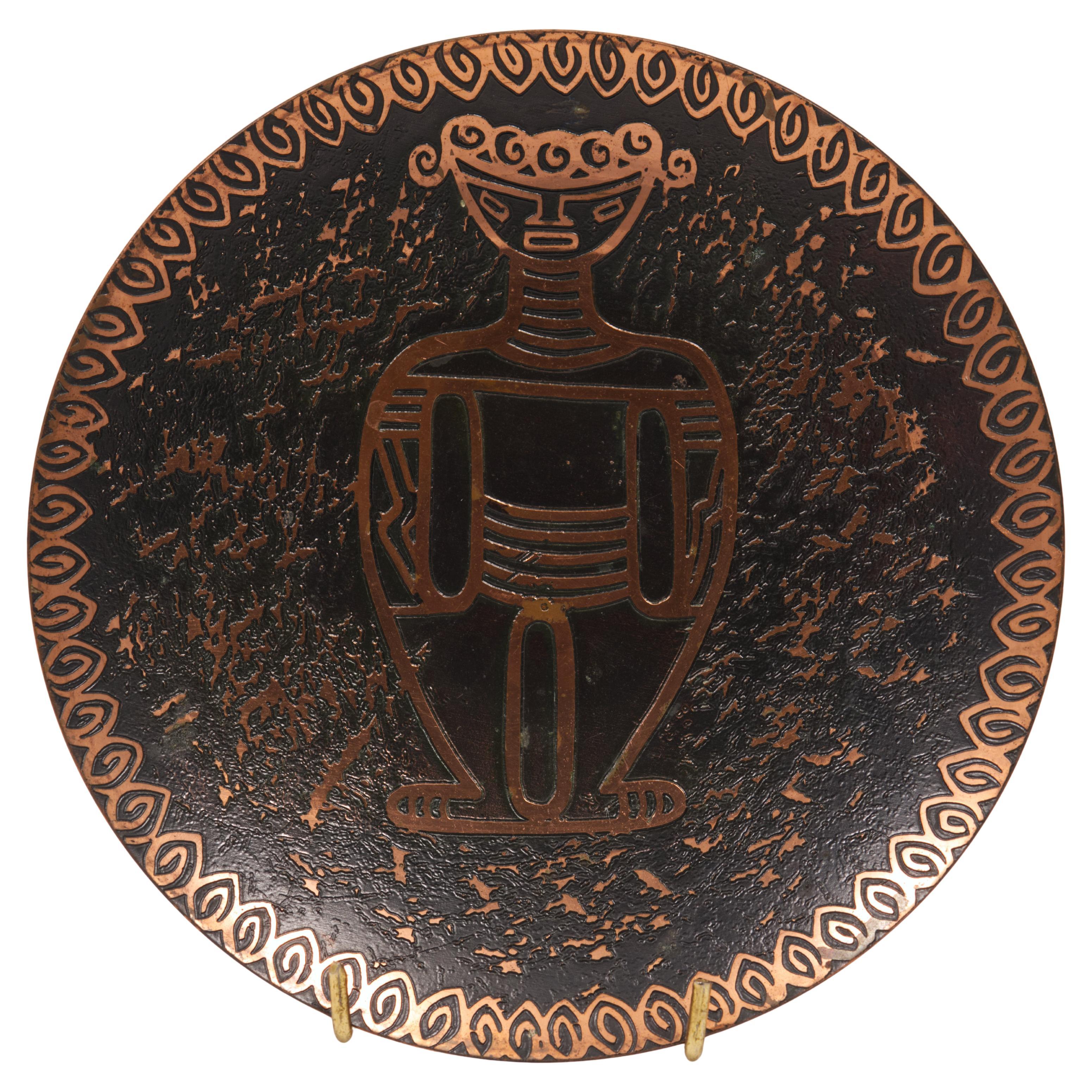 Placa decorativa vintage de latón y esmalte, Colombia, decoración figurativa modernista