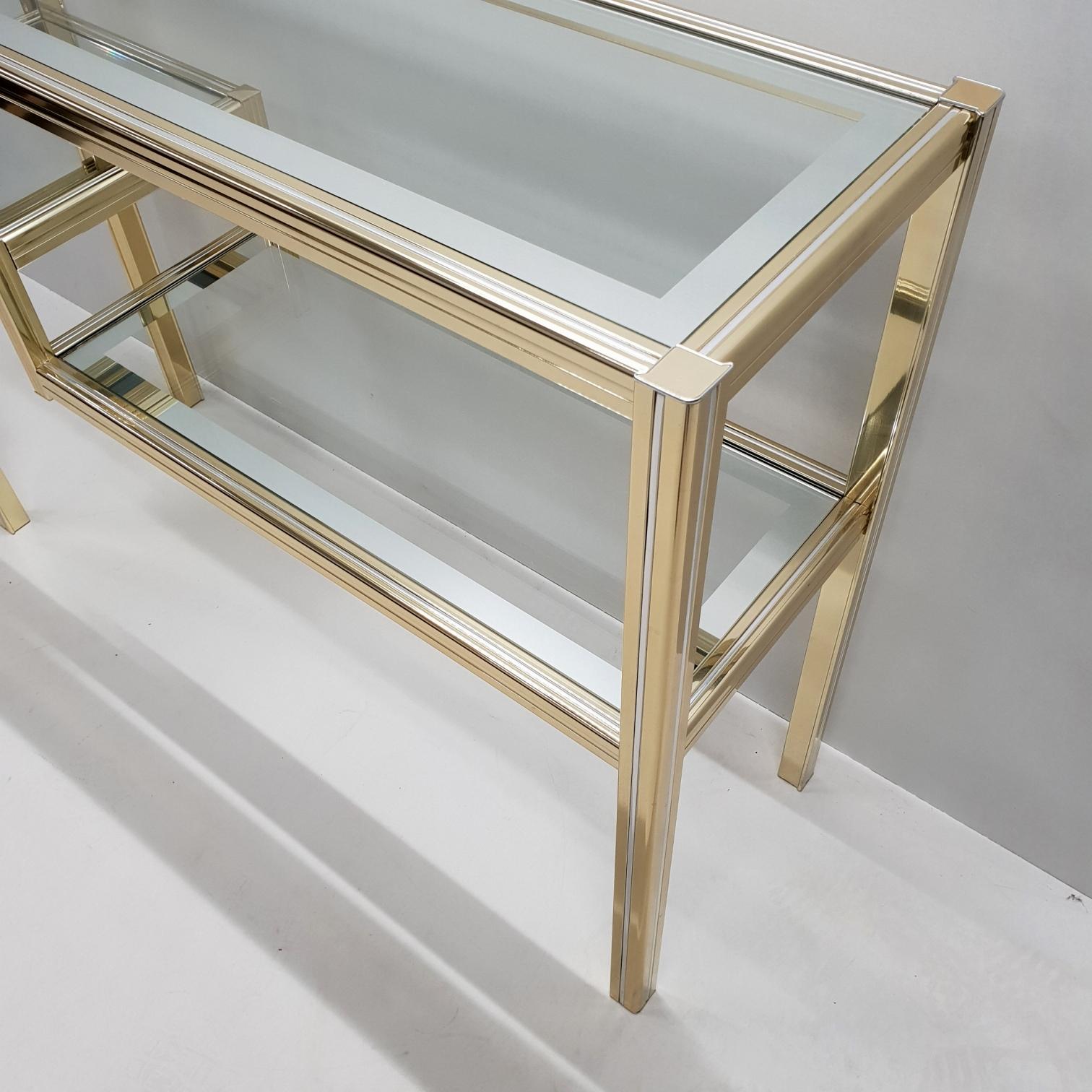 Hollywood Regency Vintage Brass and Glass 3-Tier Console Table in Style of Pierre Vandel, 1980s