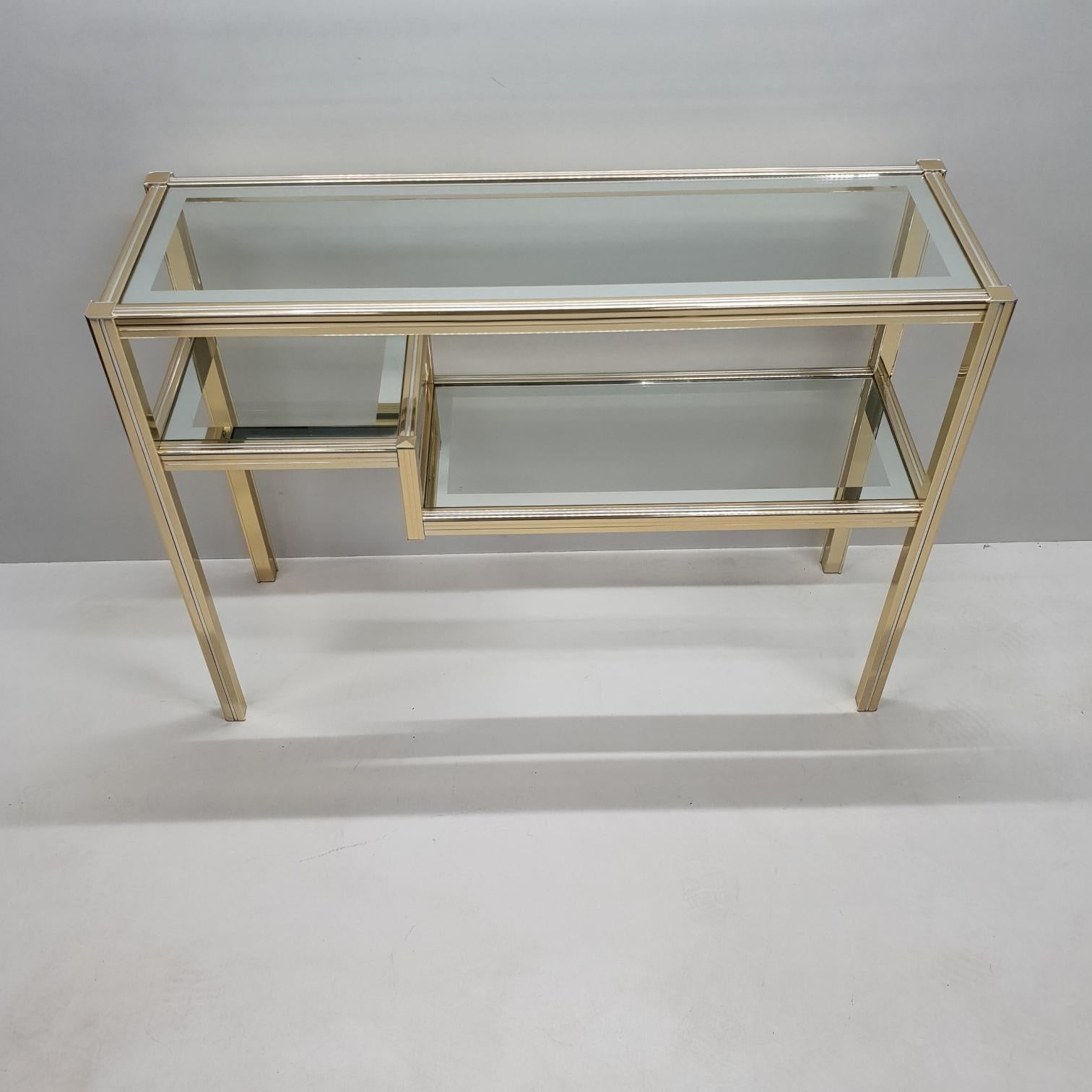 French Vintage Brass and Glass 3-Tier Console Table in Style of Pierre Vandel, 1980s