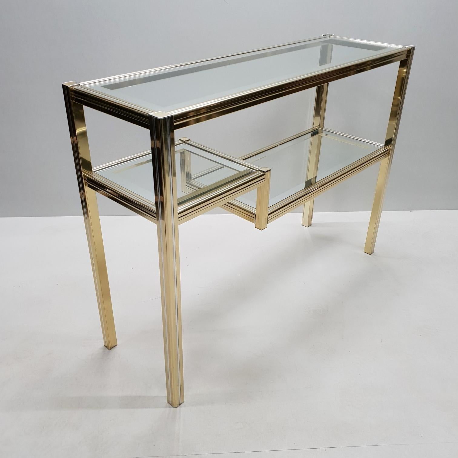 Gilt Vintage Brass and Glass 3-Tier Console Table in Style of Pierre Vandel, 1980s