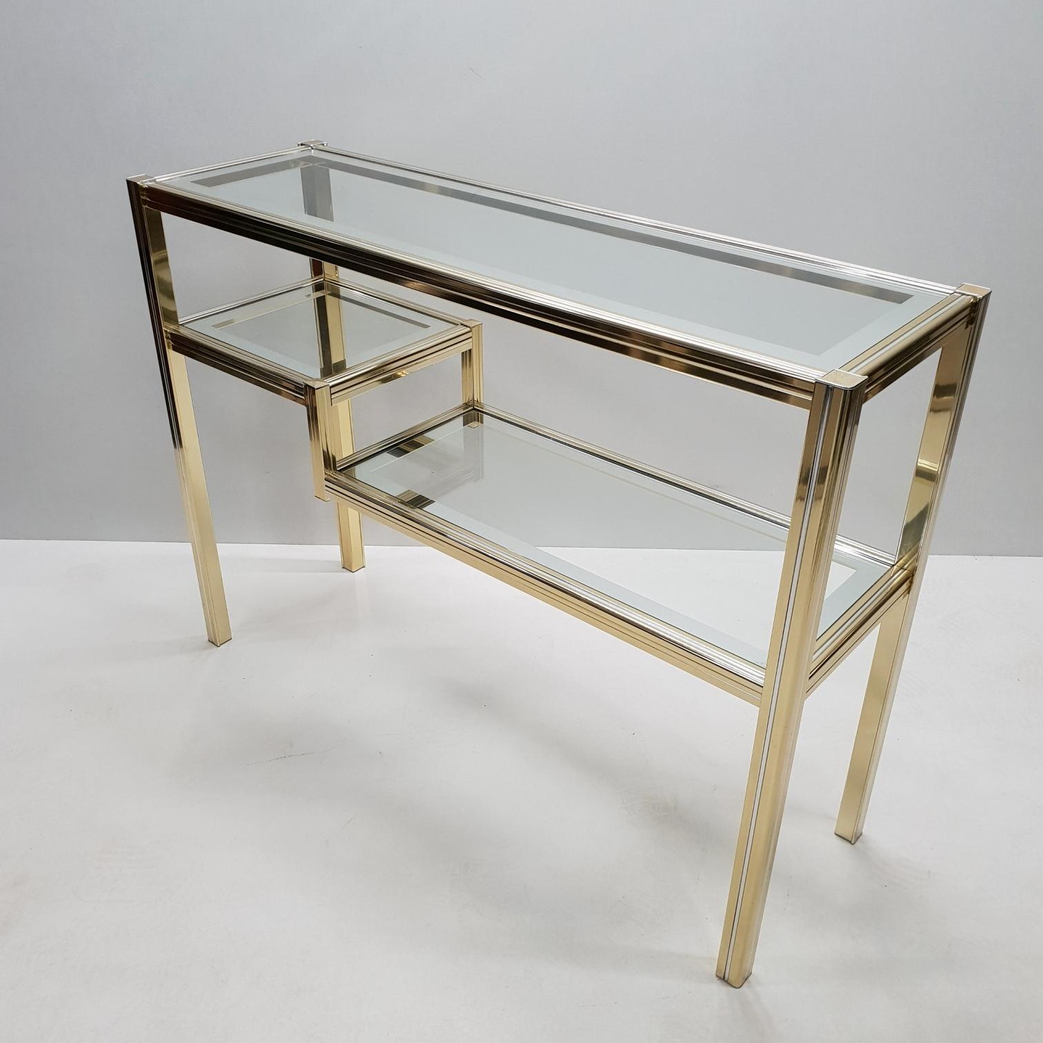 Vintage Brass and Glass 3-Tier Console Table in Style of Pierre Vandel, 1980s In Excellent Condition In Valkenswaard, NL
