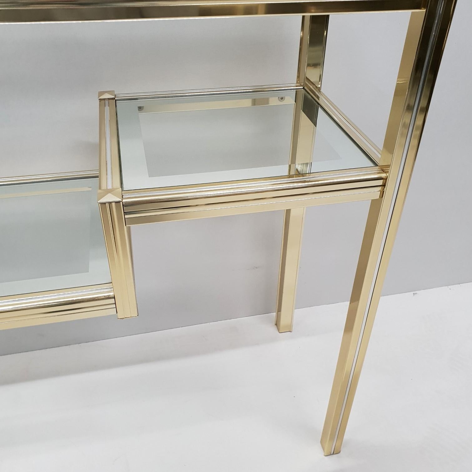 Aluminum Vintage Brass and Glass 3-Tier Console Table in Style of Pierre Vandel, 1980s