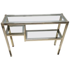 Vintage Brass and Glass 3-Tier Console Table in Style of Pierre Vandel, 1980s