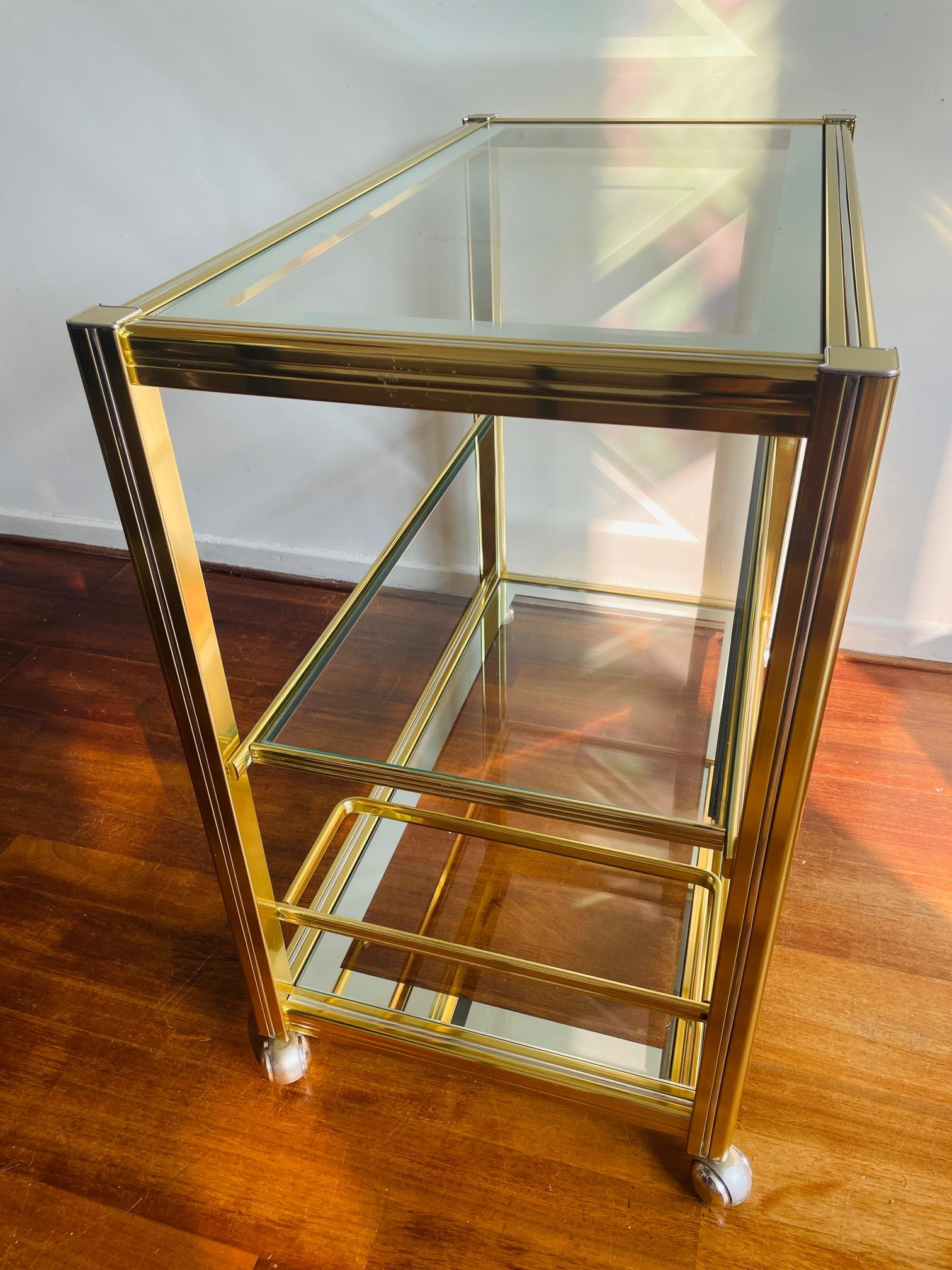 Vintage Brass and Glass Bar Cart, 1980s. Hollywood regency serving trolley.  For Sale 6