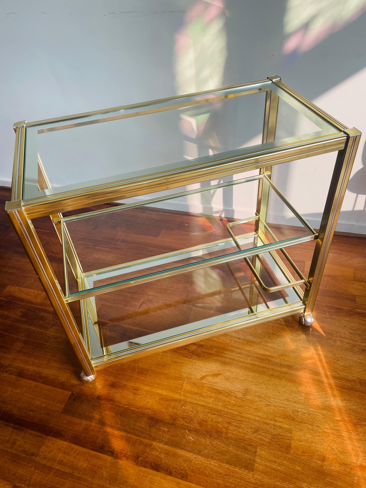 Vintage Brass and Glass Bar Cart, 1980s. Hollywood regency serving trolley.  For Sale 8