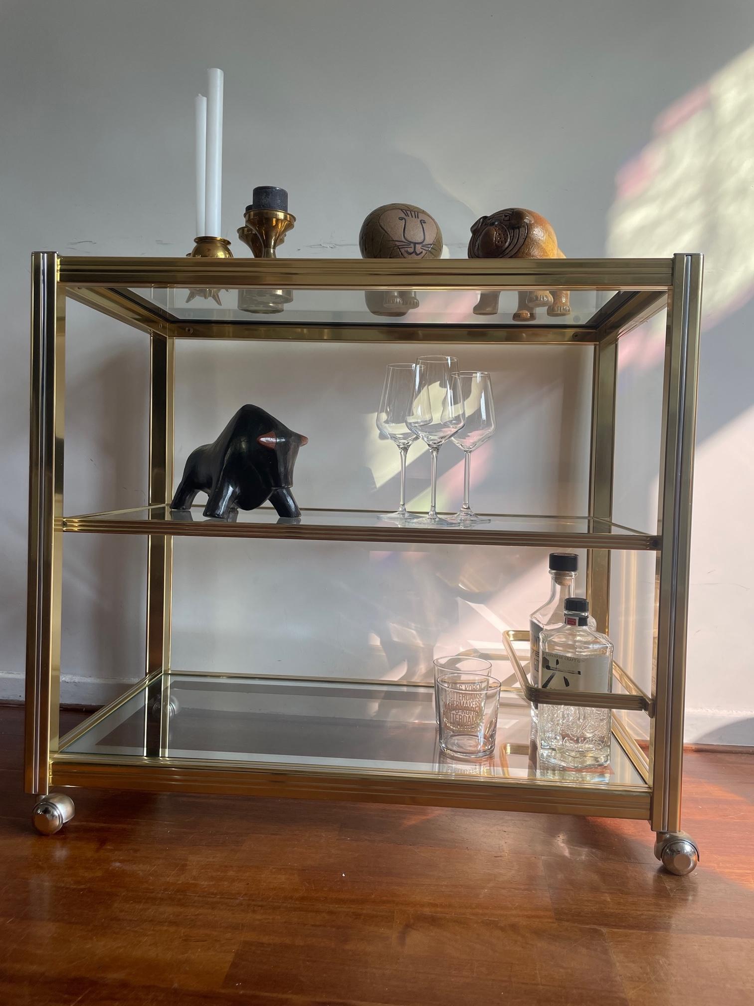 Late 20th Century Vintage Brass and Glass Bar Cart, 1980s. Hollywood regency serving trolley.  For Sale