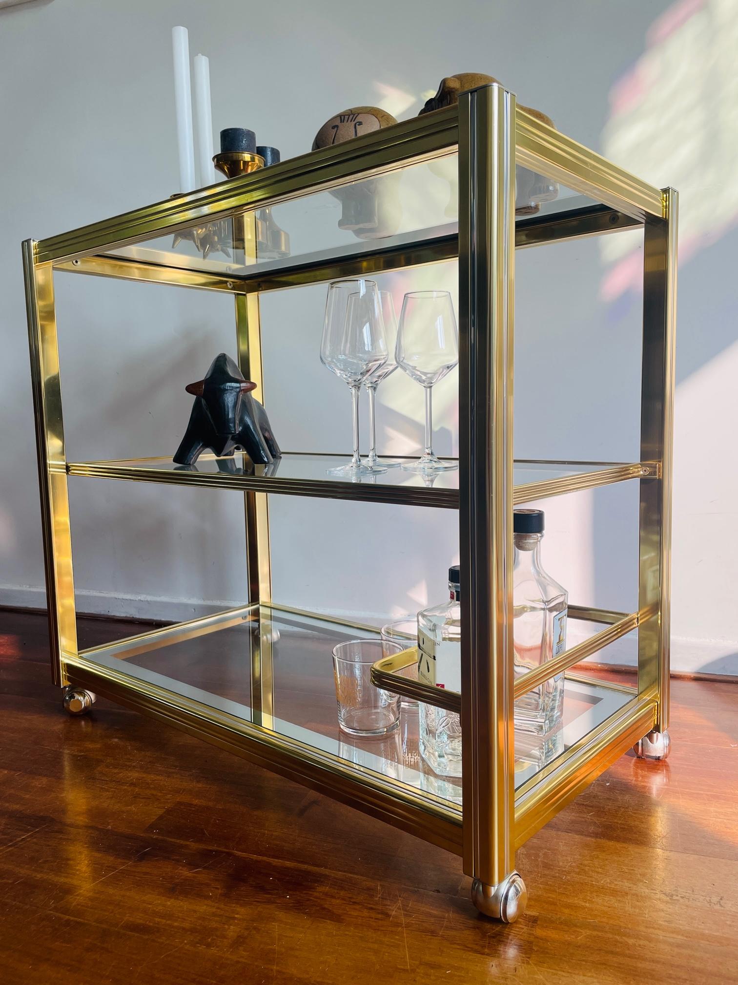 Late 20th Century Vintage Brass and Glass Bar Cart, 1980s. Hollywood regency serving trolley.  For Sale