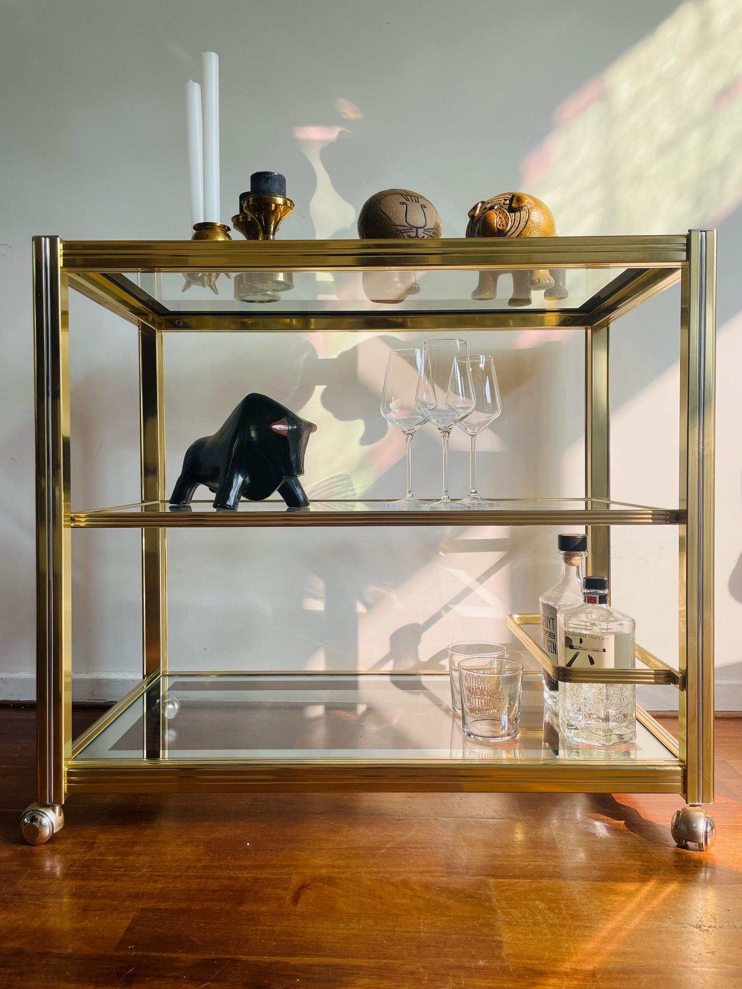 Vintage Brass and Glass Bar Cart, 1980s. Hollywood regency serving trolley.  For Sale 1