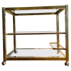 Vintage Brass and Glass Bar Cart, 1980s. Hollywood regency serving trolley.