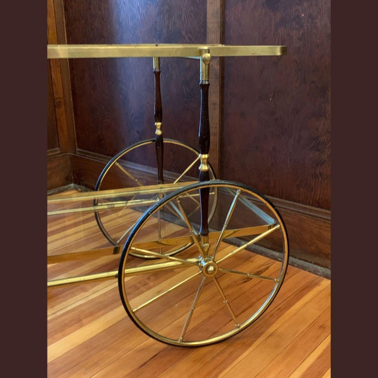 Vintage Brass and Glass Bar Cart with Wheels For Sale at 1stDibs