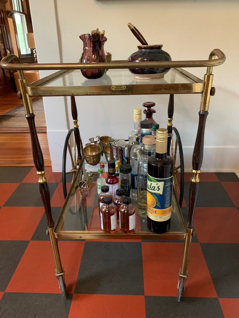 Vintage Brass and Glass Bar Cart with Wheels For Sale at 1stDibs