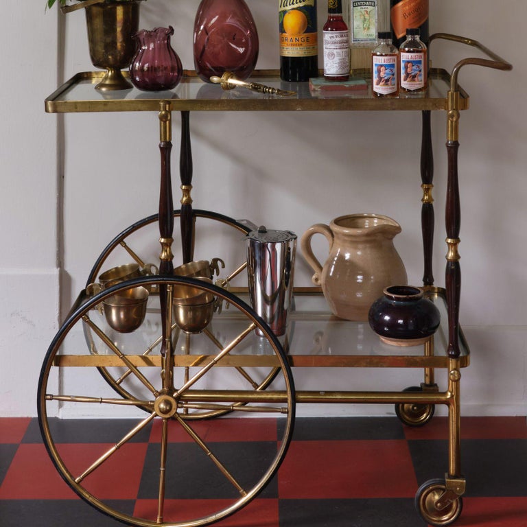 Vintage Brass and Glass Bar Cart with Wheels For Sale at 1stDibs