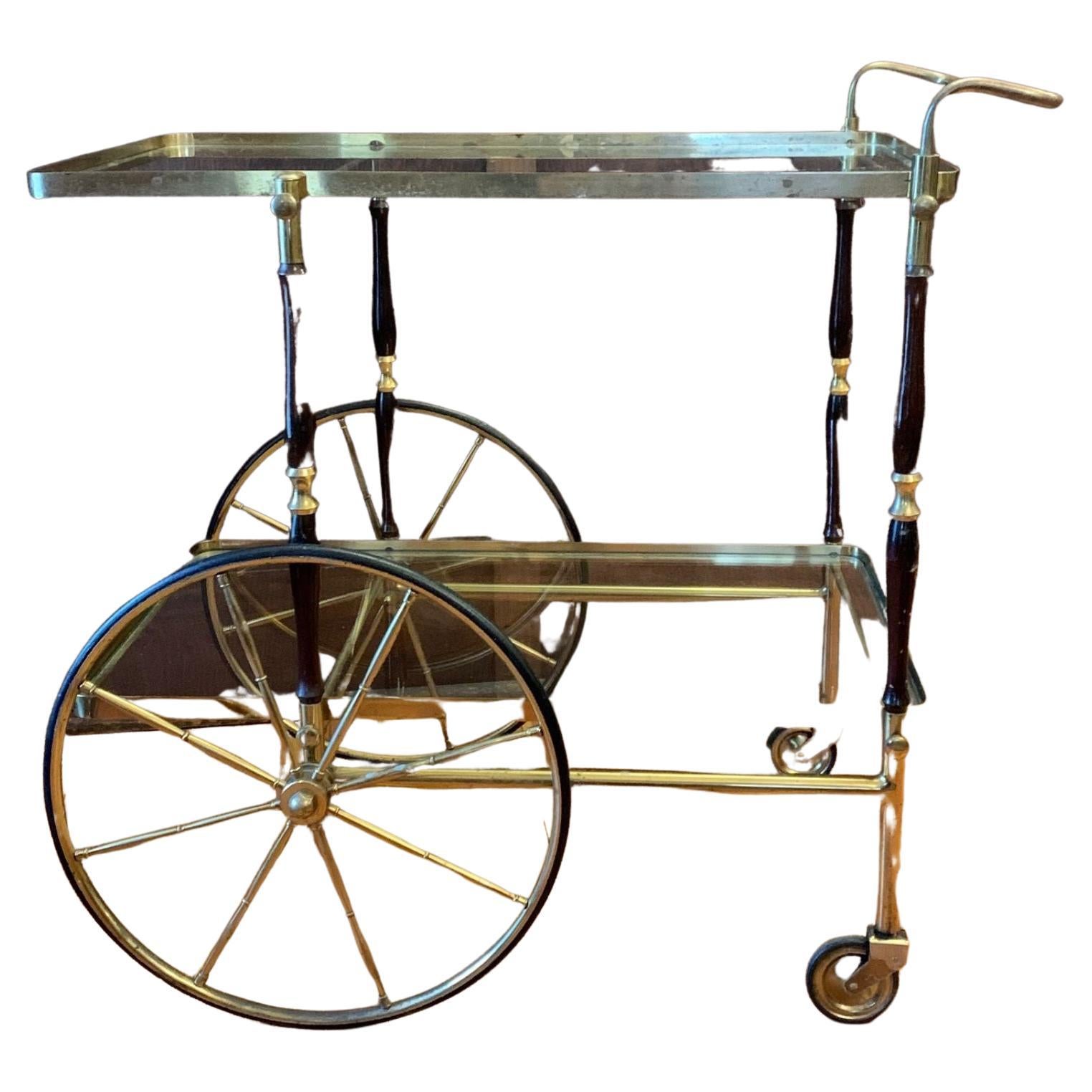 Late 20th Century French Polished Brass Two Tier Service Bar Cart on Wheels For Sale