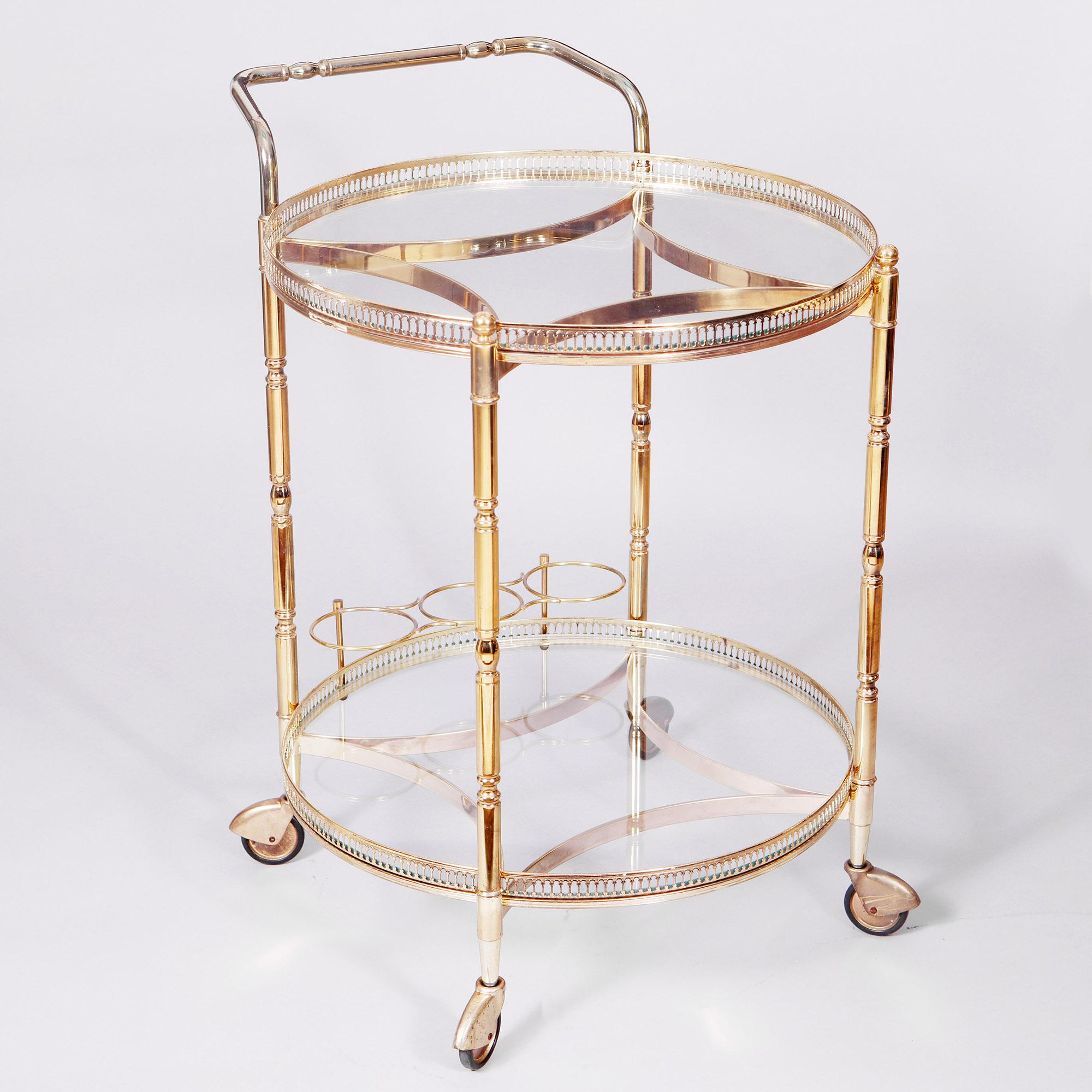 20th Century Vintage Brass and Glass Circular Bar Cart, Drinks Trolley  For Sale
