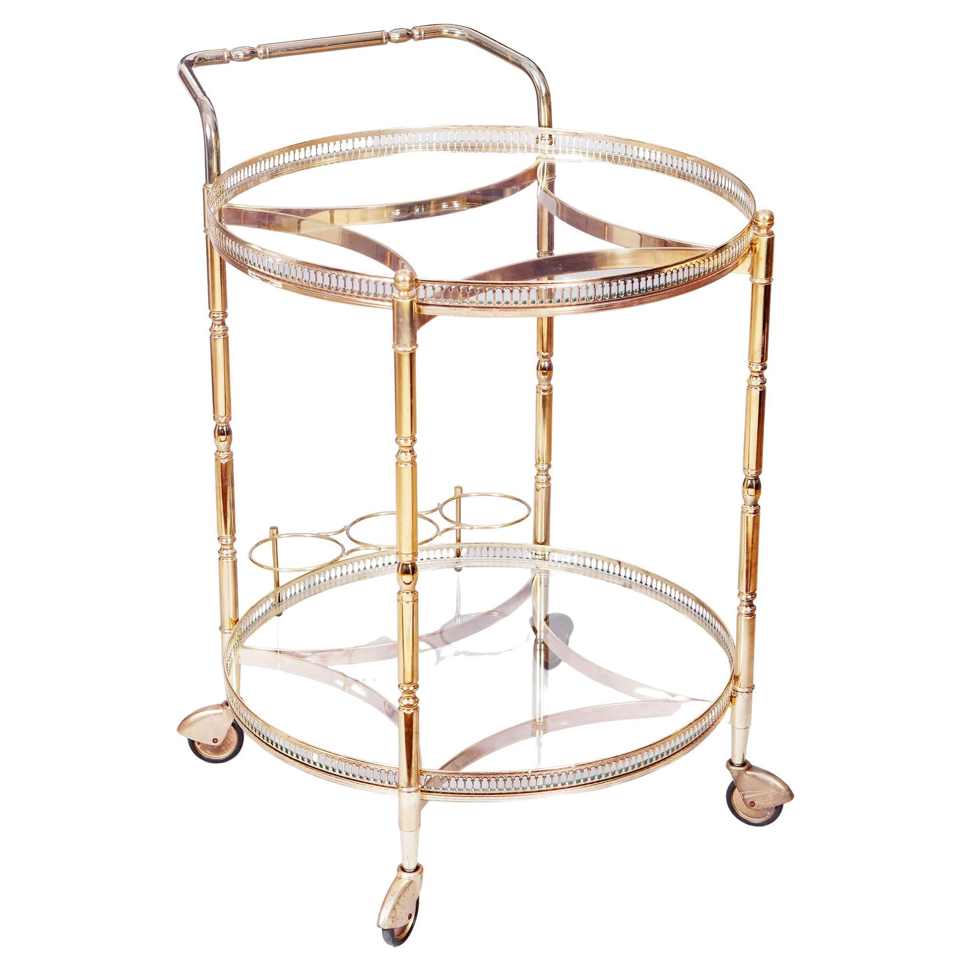 Vintage Brass and Glass Circular Bar Cart, Drinks Trolley  en vente