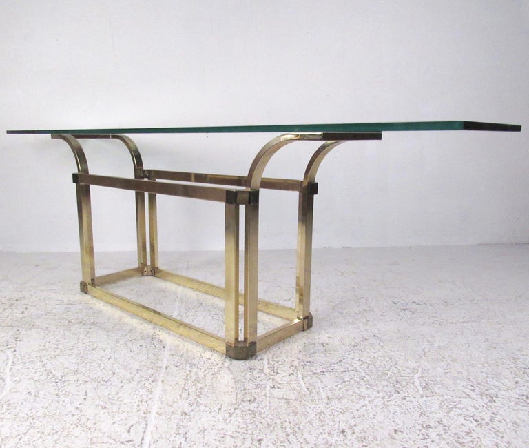Vintage Modern Brass And Glass Console, Glass And Antique Brass Console Table