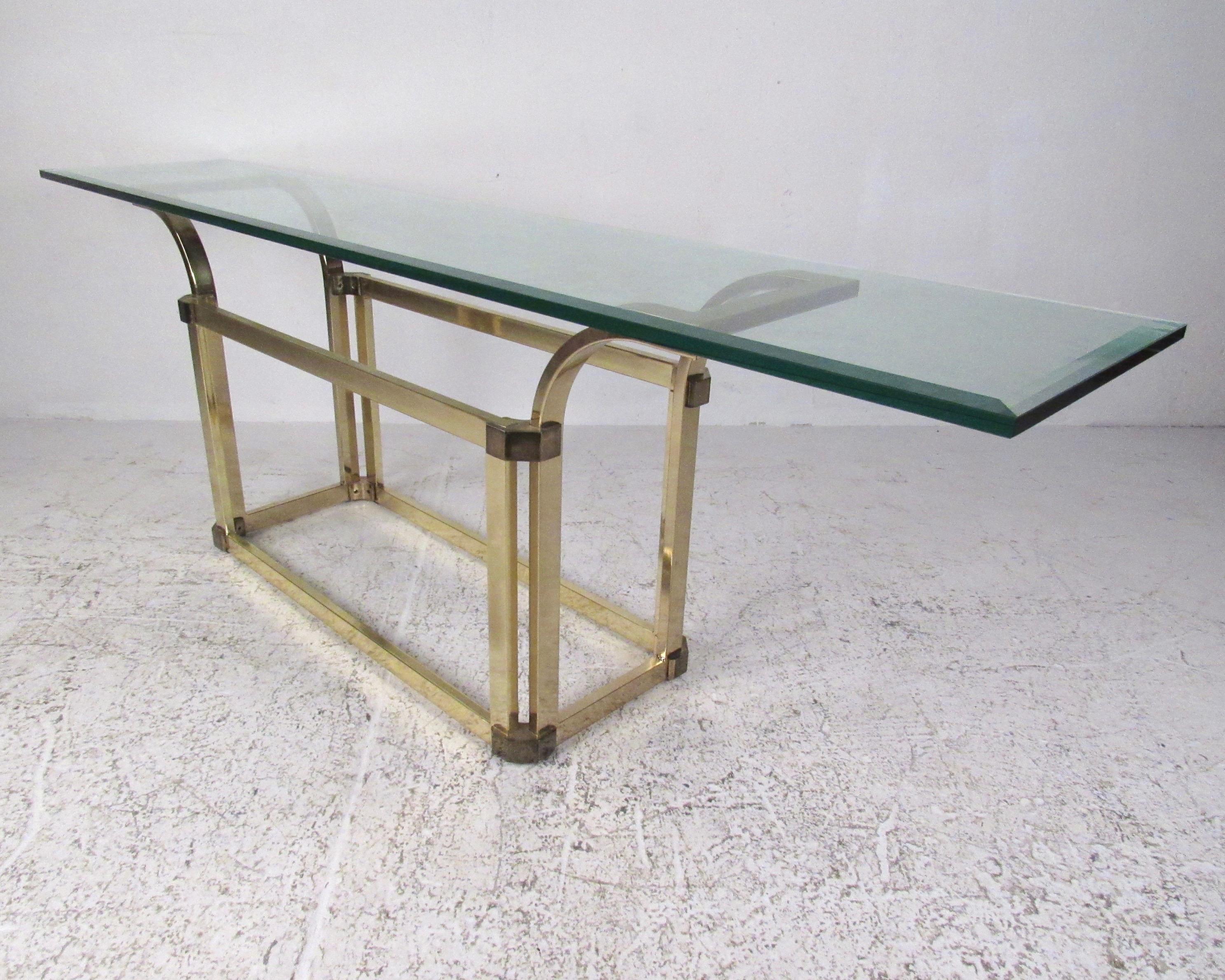 Hollywood Regency Vintage Modern Brass and Glass Console Table For Sale