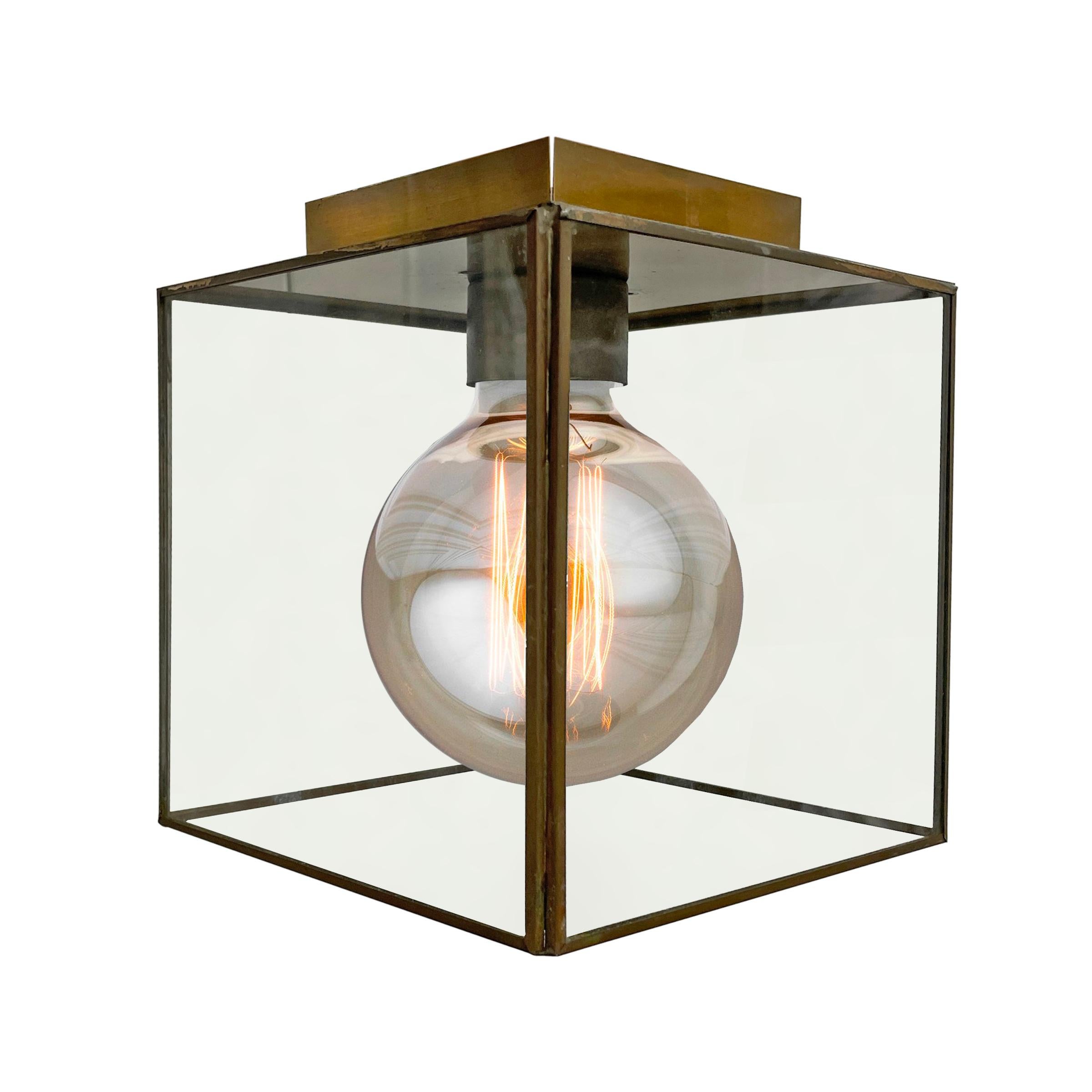 Modern Vintage Brass and Glass Cube Flushmount Light Fixture