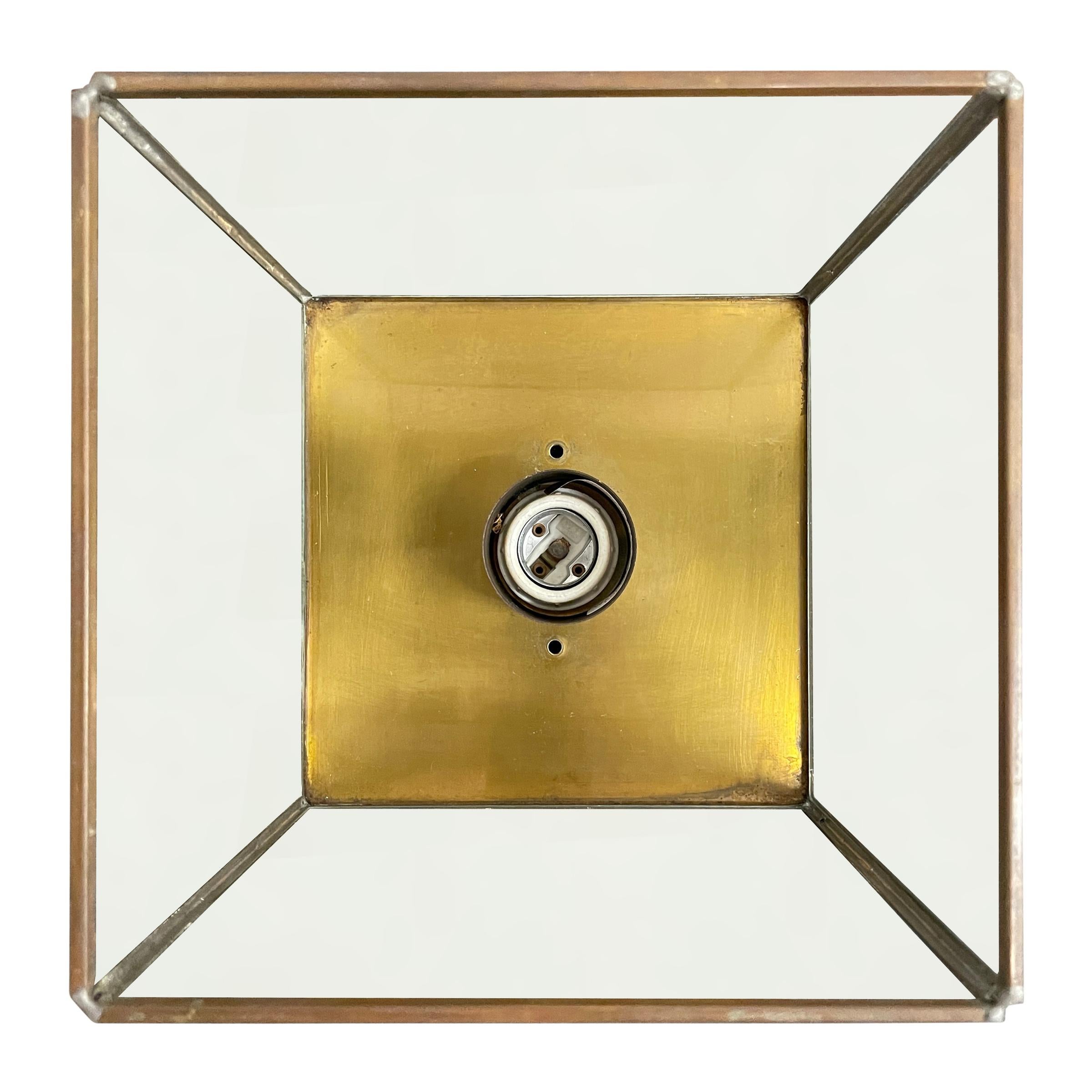 Late 20th Century Vintage Brass and Glass Cube Flushmount Light Fixture