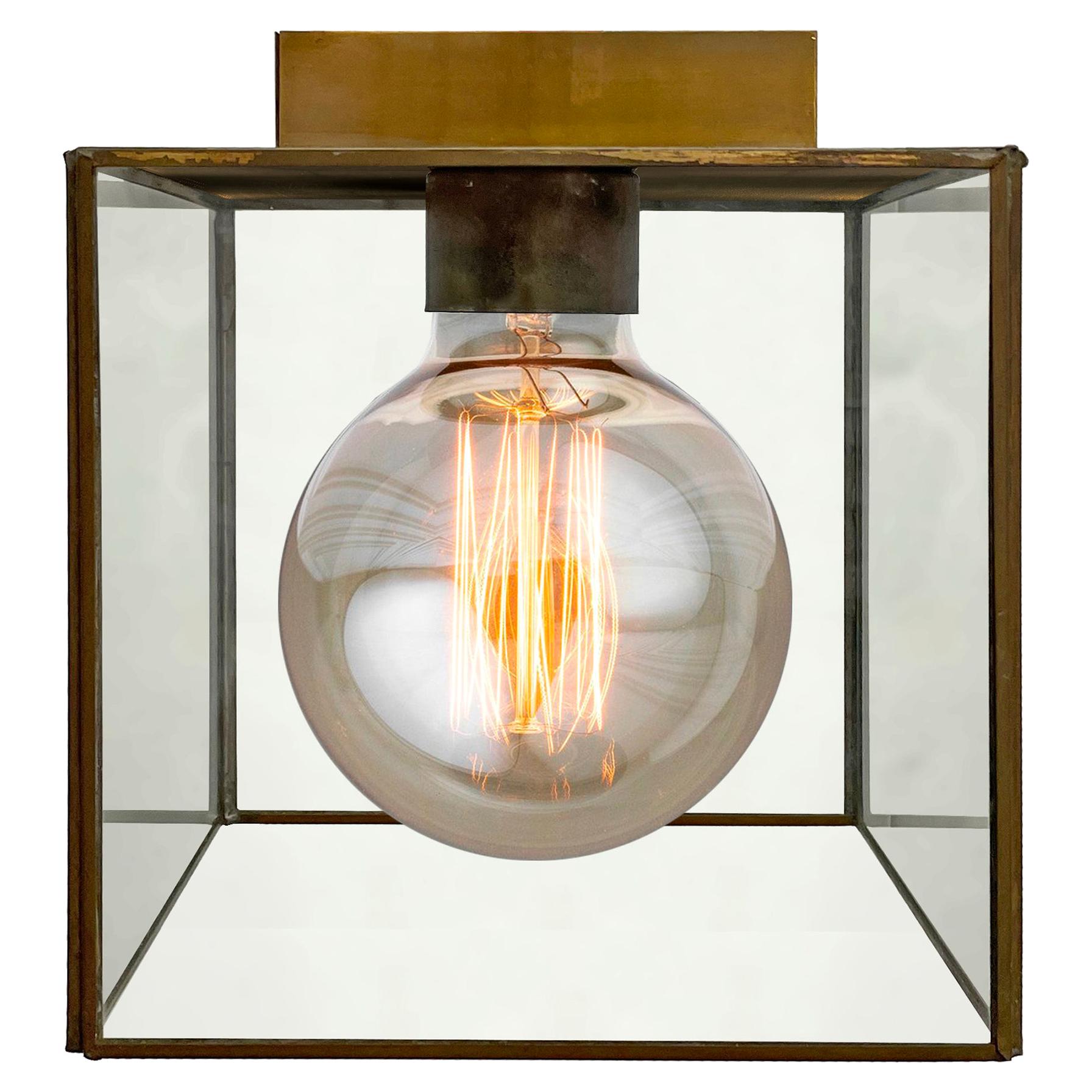 Vintage Brass and Glass Cube Flushmount Light Fixture