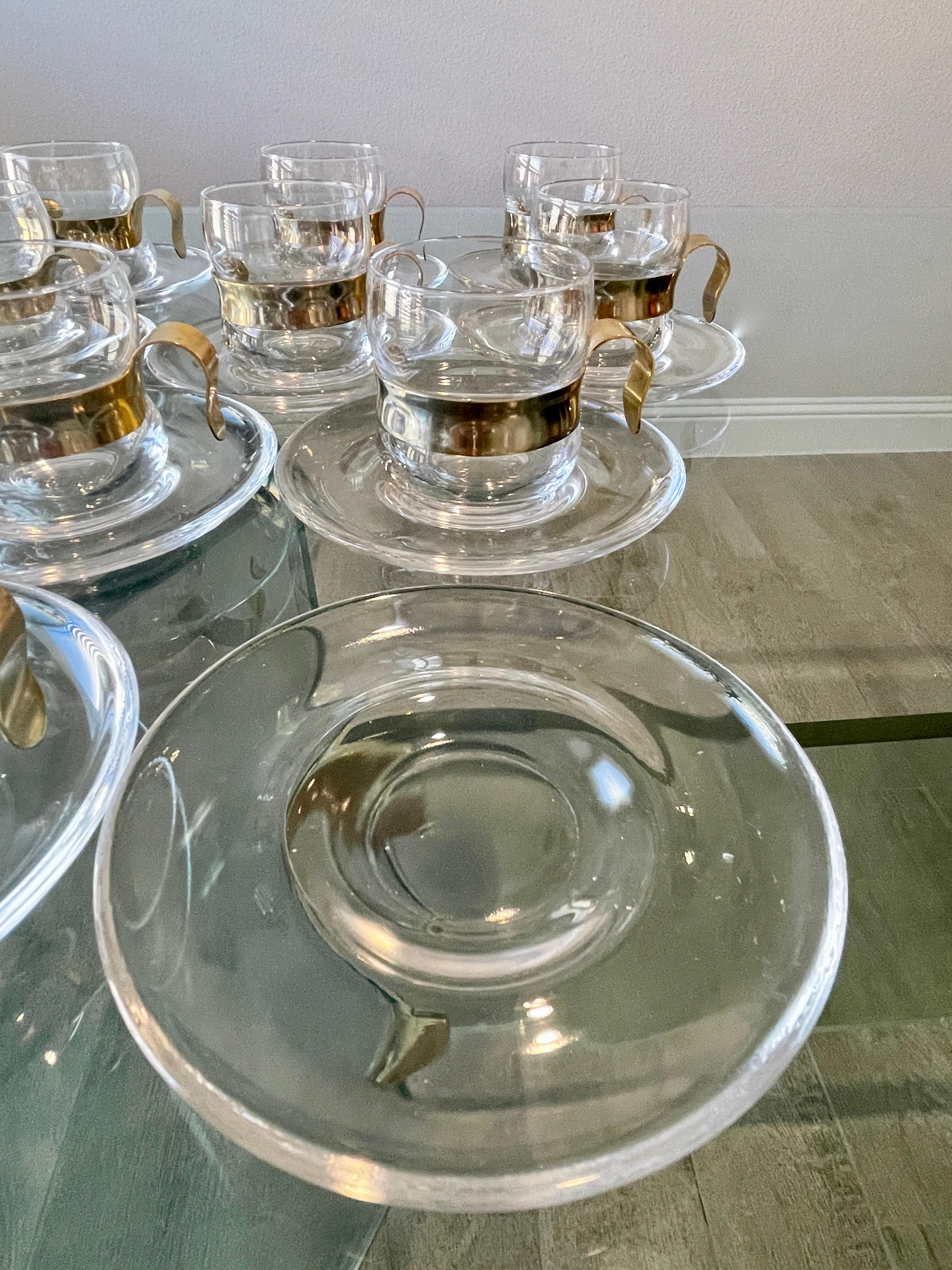 Vintage Brass and Glass Demitasse Cups & Saucers In Good Condition In Denton, TX