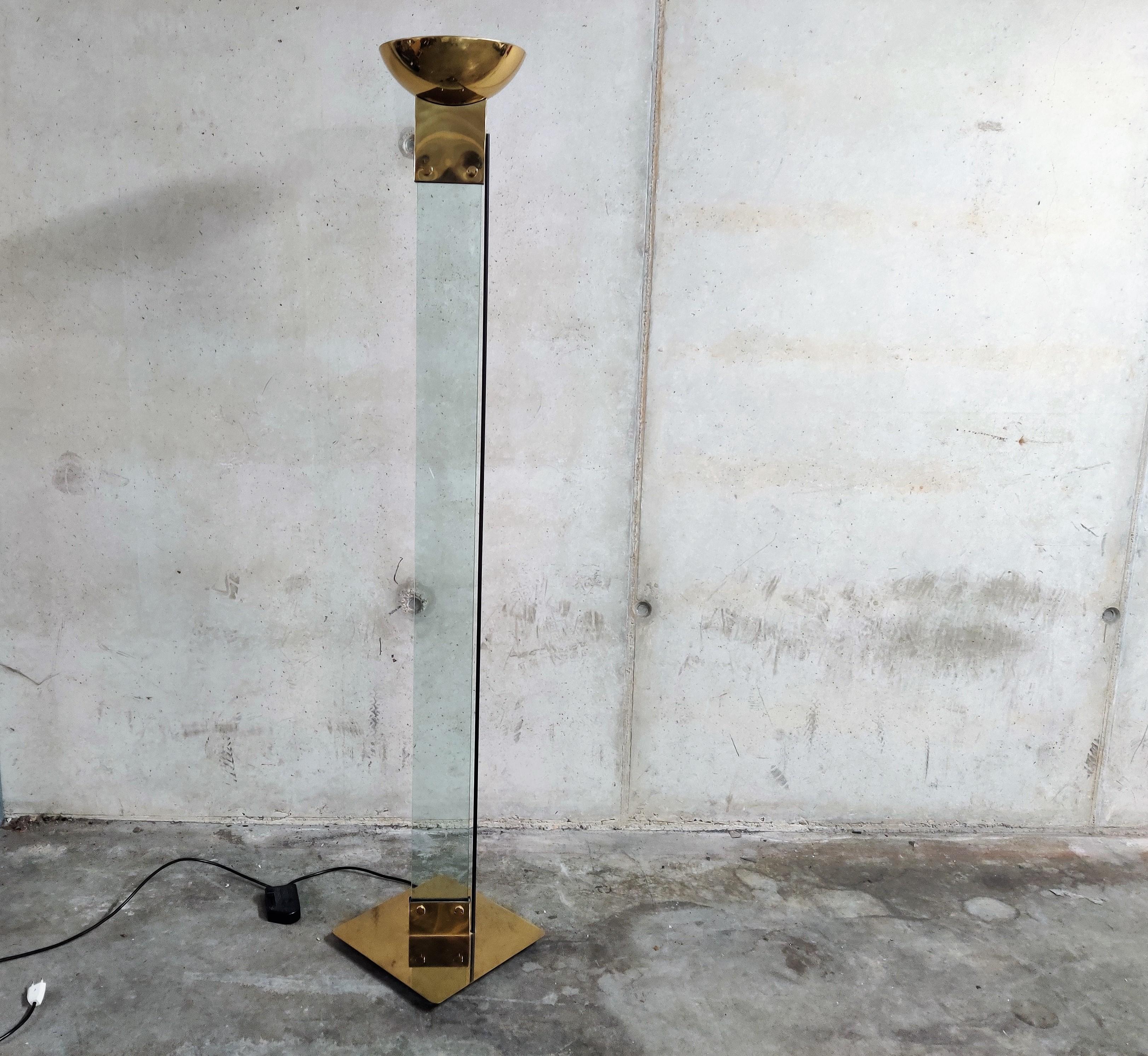 Italian Vintage Brass and glass floor Lamp by Max Baguara for Lamperti, 1970s  For Sale